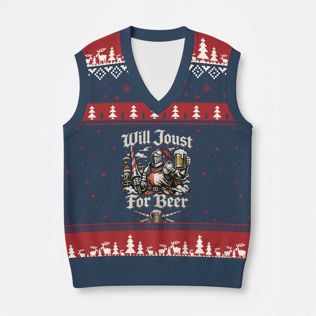 Funny Medieval Knight Drinking Humor V-Neck Knit Sweater Vest Will Joust For Beer Vintage Renaissance Faire TS02 Navy Red Print Your Wear
