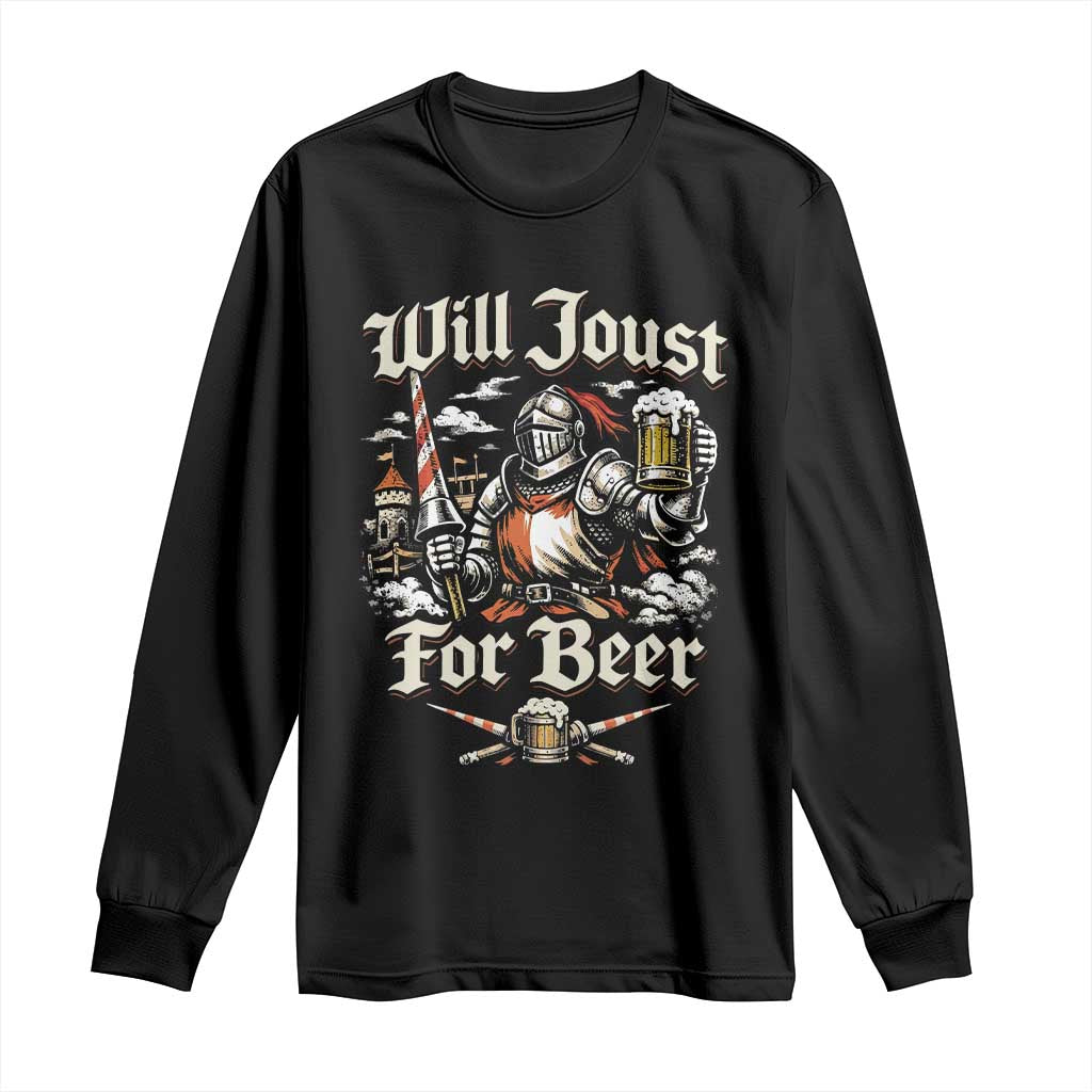 Funny Medieval Knight Drinking Humor Long Sleeve Shirt Will Joust For Beer Vintage Renaissance Faire TS02 Black Print Your Wear