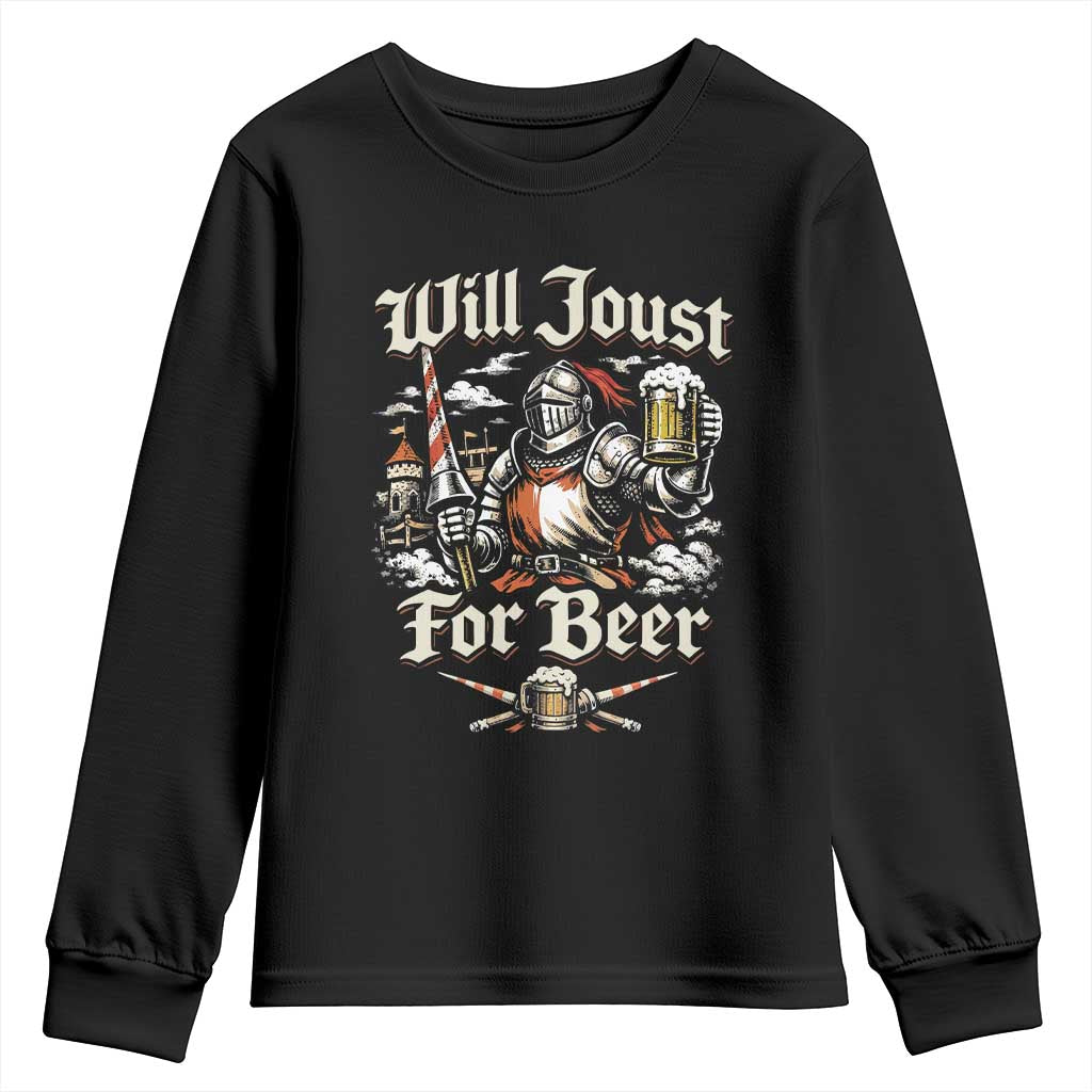 Funny Medieval Knight Drinking Humor Youth Sweatshirt Will Joust For Beer Vintage Renaissance Faire TS02 Black Print Your Wear