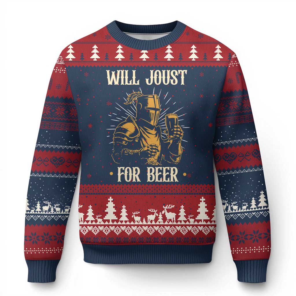 Funny Medieval Knight Drinking Festival Humor Ugly Christmas Sweater Will Joust For Beer Renaissance Faire TS02 Navy Red Print Your Wear