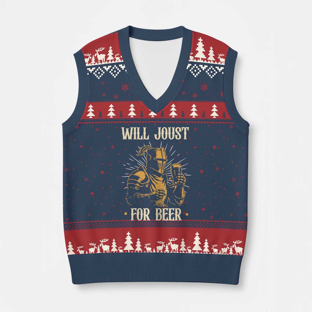 Funny Medieval Knight Drinking Festival Humor V-Neck Knit Sweater Vest Will Joust For Beer Renaissance Faire TS02 Navy Red Print Your Wear