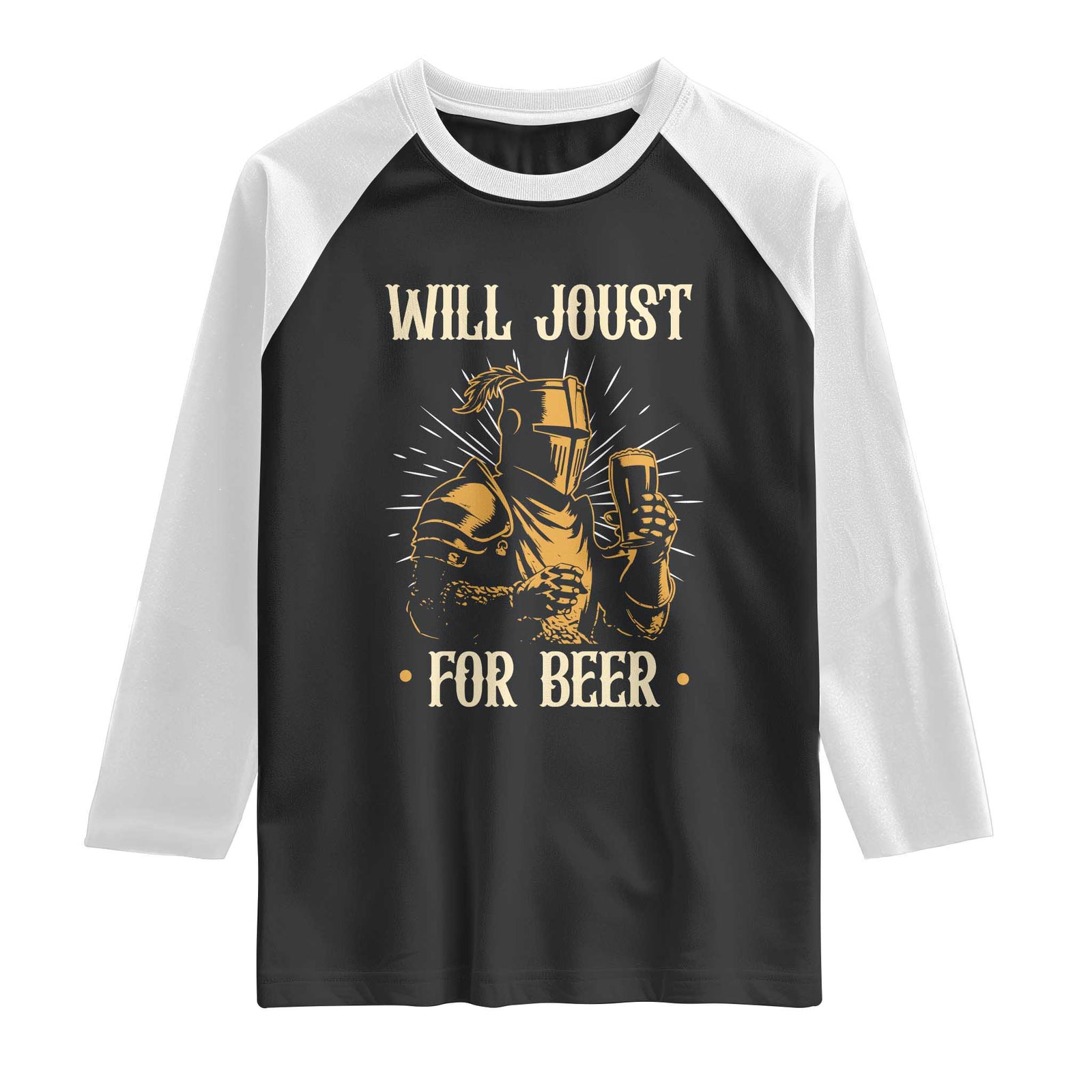 Funny Medieval Knight Drinking Festival Humor Raglan Shirt Will Joust For Beer Renaissance Faire TS02 Black White Print Your Wear