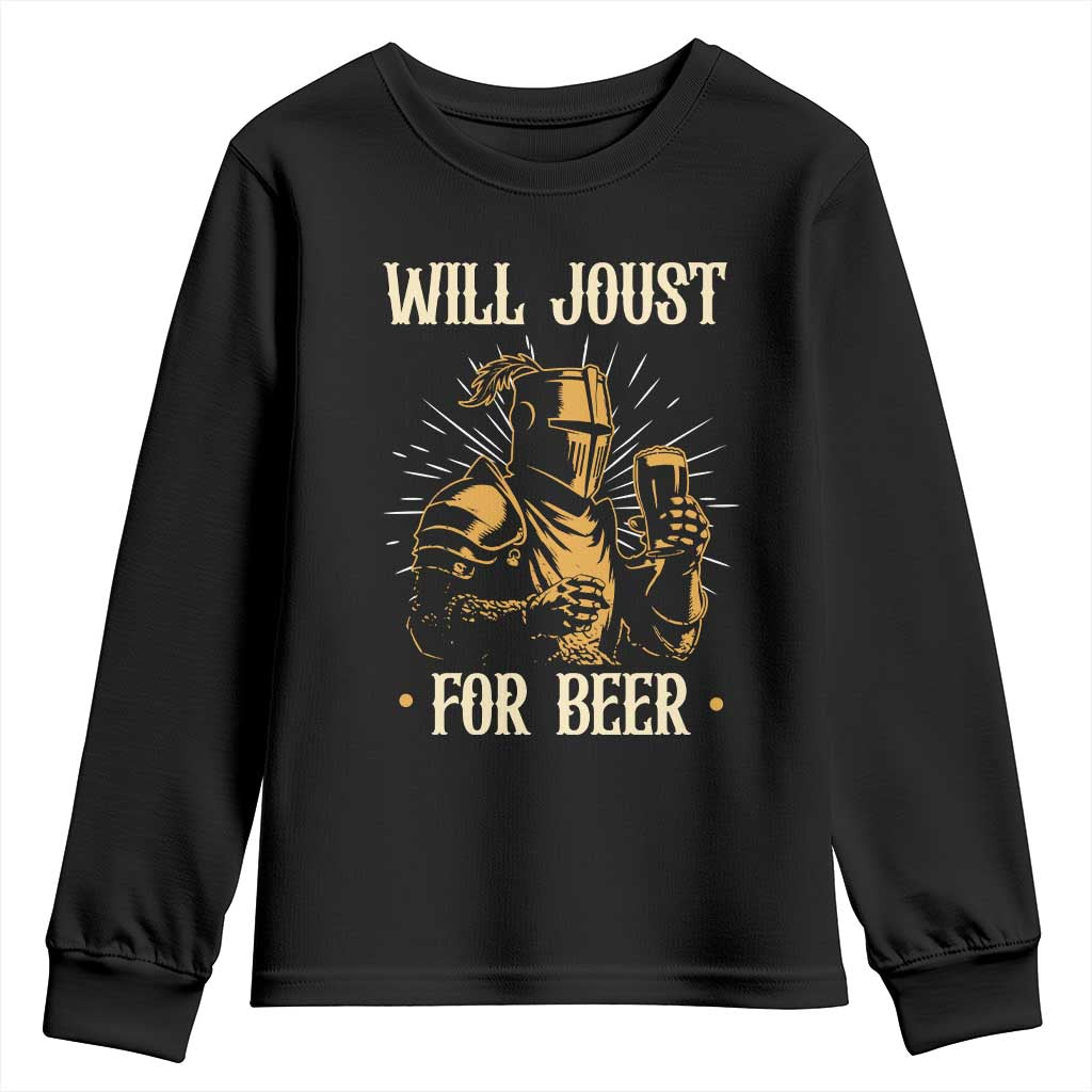 Funny Medieval Knight Drinking Festival Humor Youth Sweatshirt Will Joust For Beer Renaissance Faire TS02 Black Print Your Wear