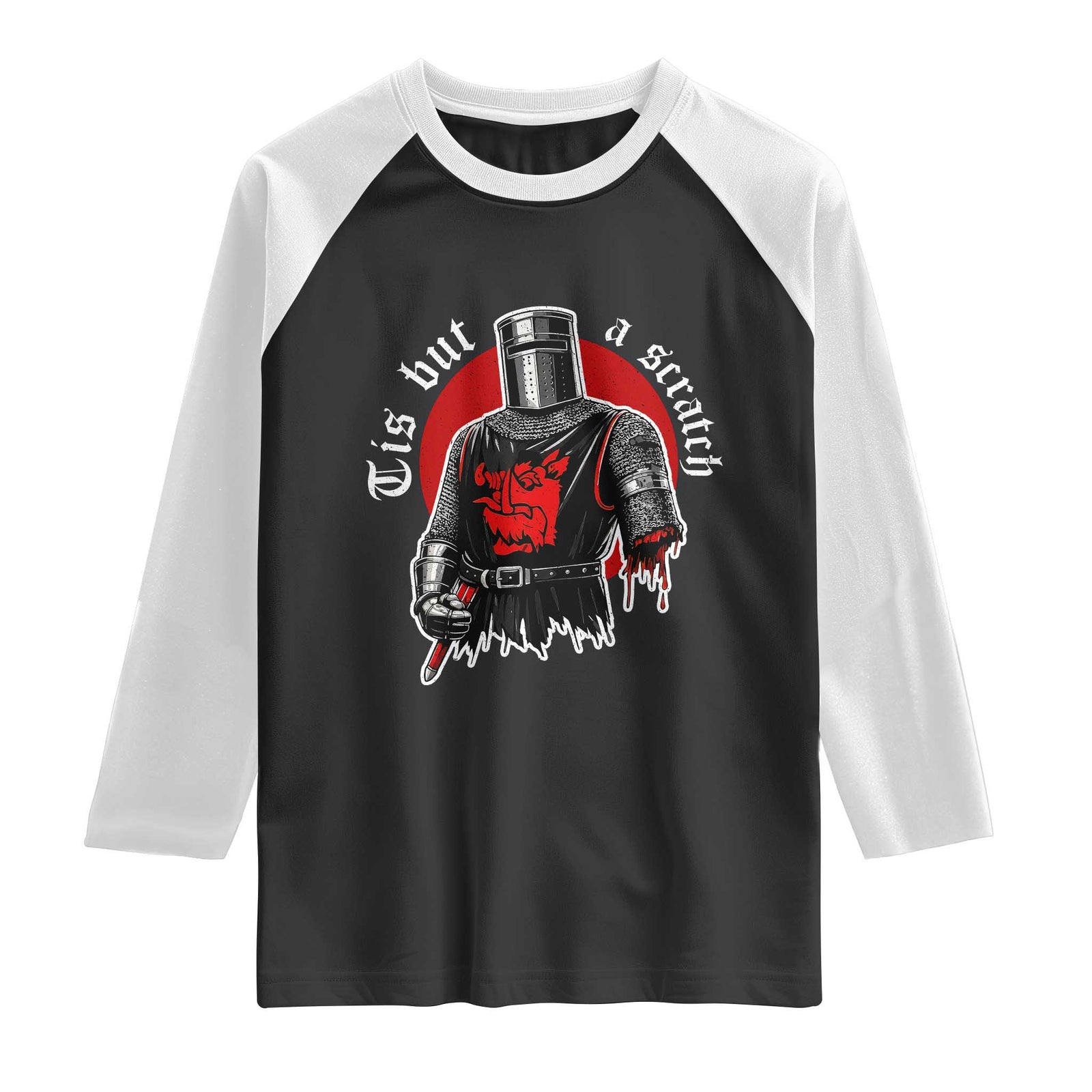 Funny One Arm Knight Medieval Raglan Shirt Tis But A Scratch Classic Dark Humor Parody TS02 Black White Print Your Wear