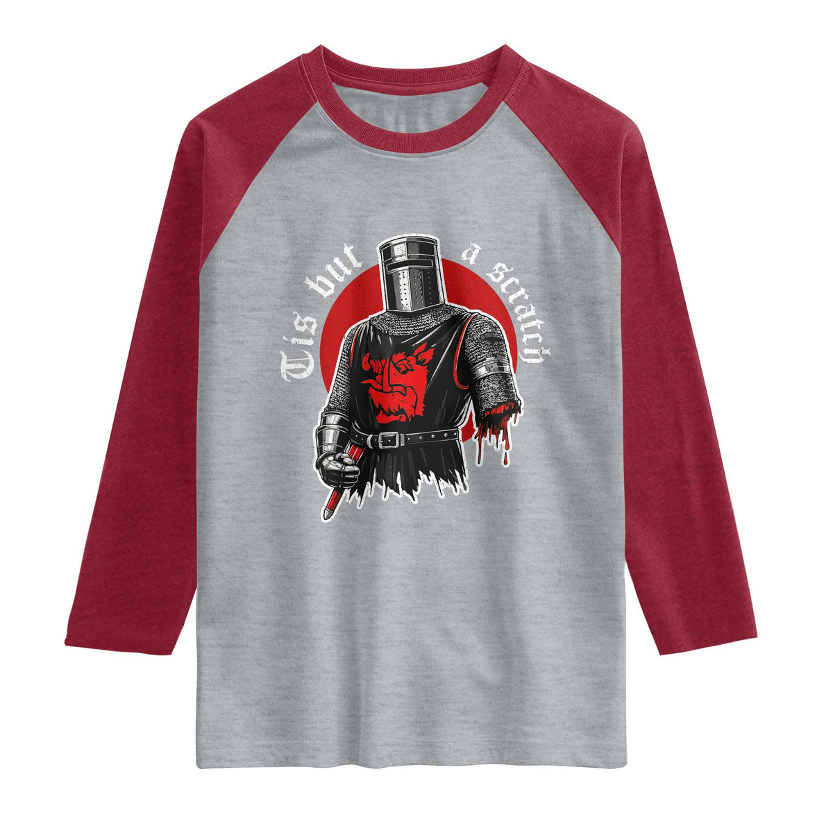 Funny One Arm Knight Medieval Raglan Shirt Tis But A Scratch Classic Dark Humor Parody