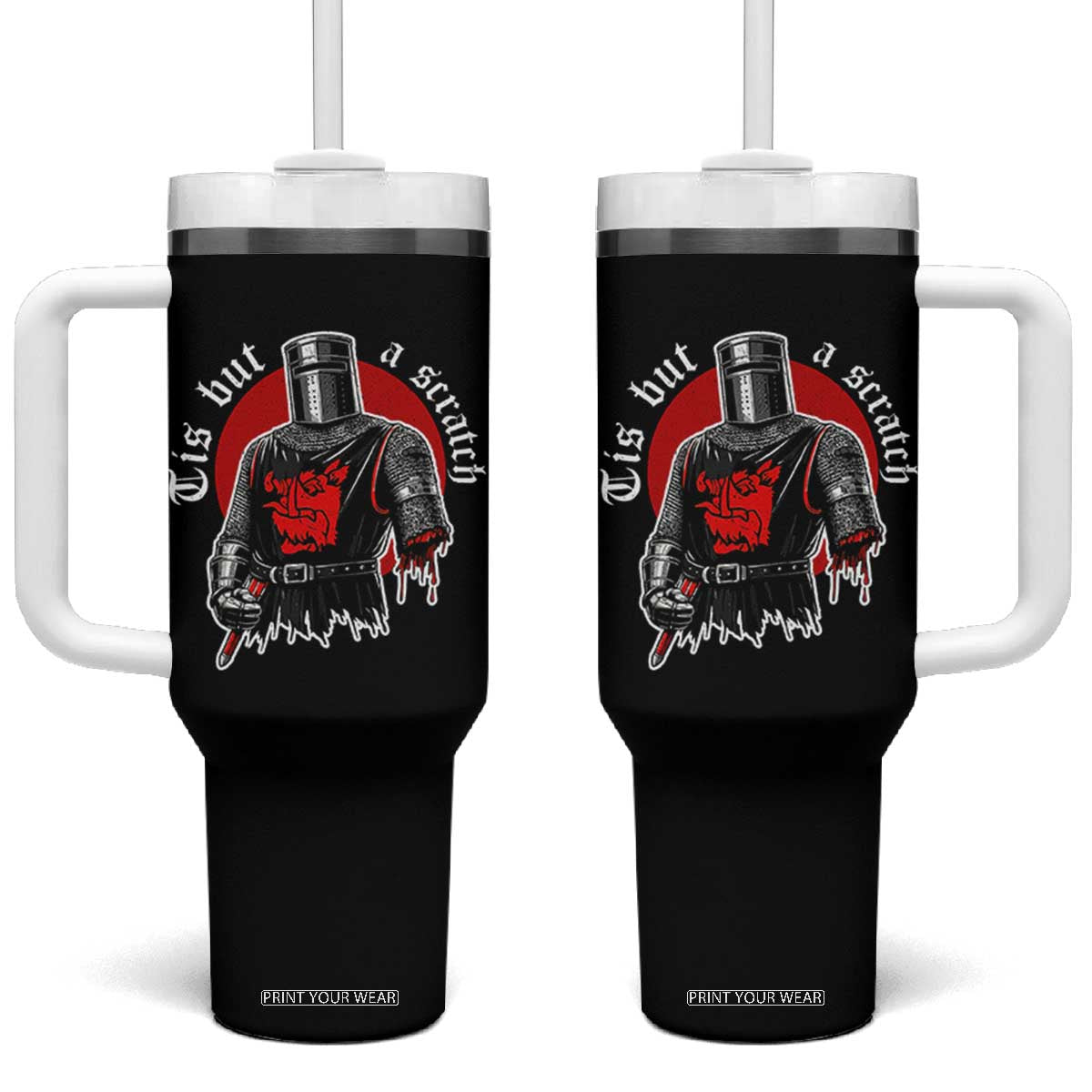 Funny One Arm Knight Medieval Tumbler With Handle Tis But A Scratch Classic Dark Humor Parody TS02 One Size: 40 oz Black Print Your Wear