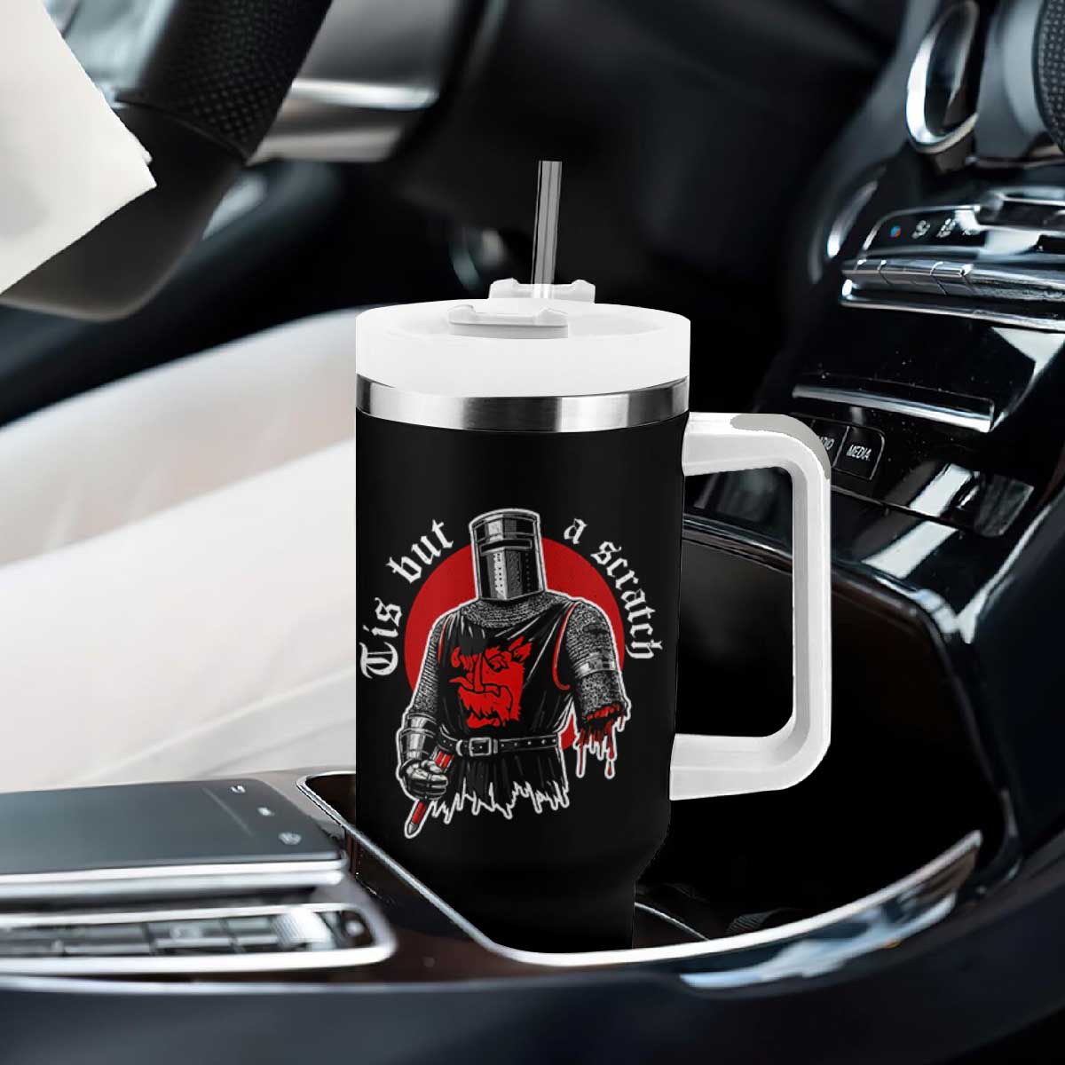 Funny One Arm Knight Medieval Tumbler With Handle Tis But A Scratch Classic Dark Humor Parody