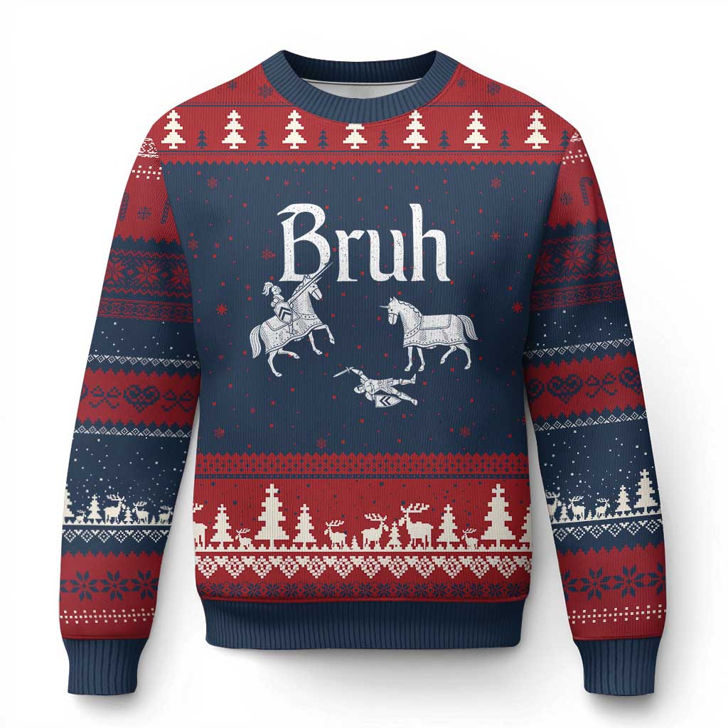 Funny Bruh Medieval Jousting Fallen Knight Graphic Ugly Christmas Sweater Sarcastic Renaissance Faire Meme TS02 Navy Red Print Your Wear
