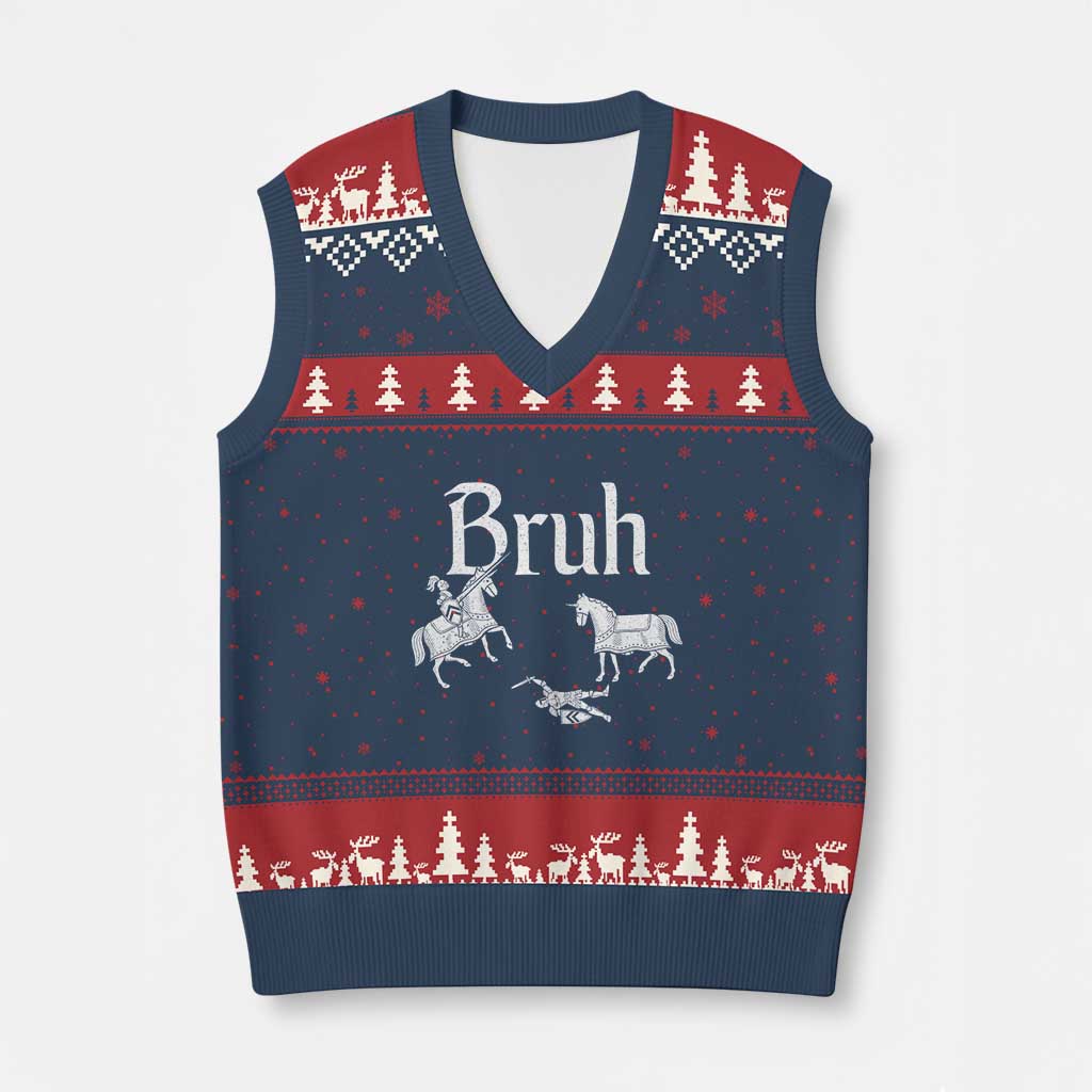 Funny Bruh Medieval Jousting Fallen Knight Graphic V-Neck Knit Sweater Vest Sarcastic Renaissance Faire Meme TS02 Navy Red Print Your Wear