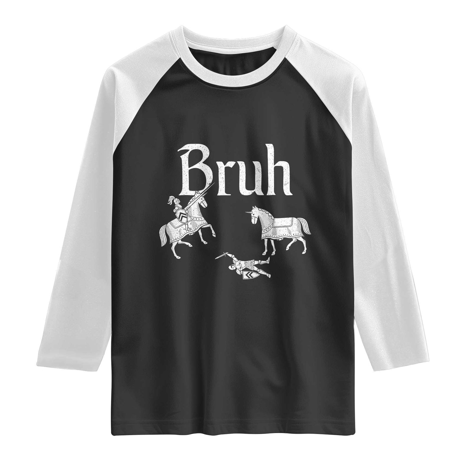 Funny Bruh Medieval Jousting Fallen Knight Graphic Raglan Shirt Sarcastic Renaissance Faire Meme TS02 Black White Print Your Wear
