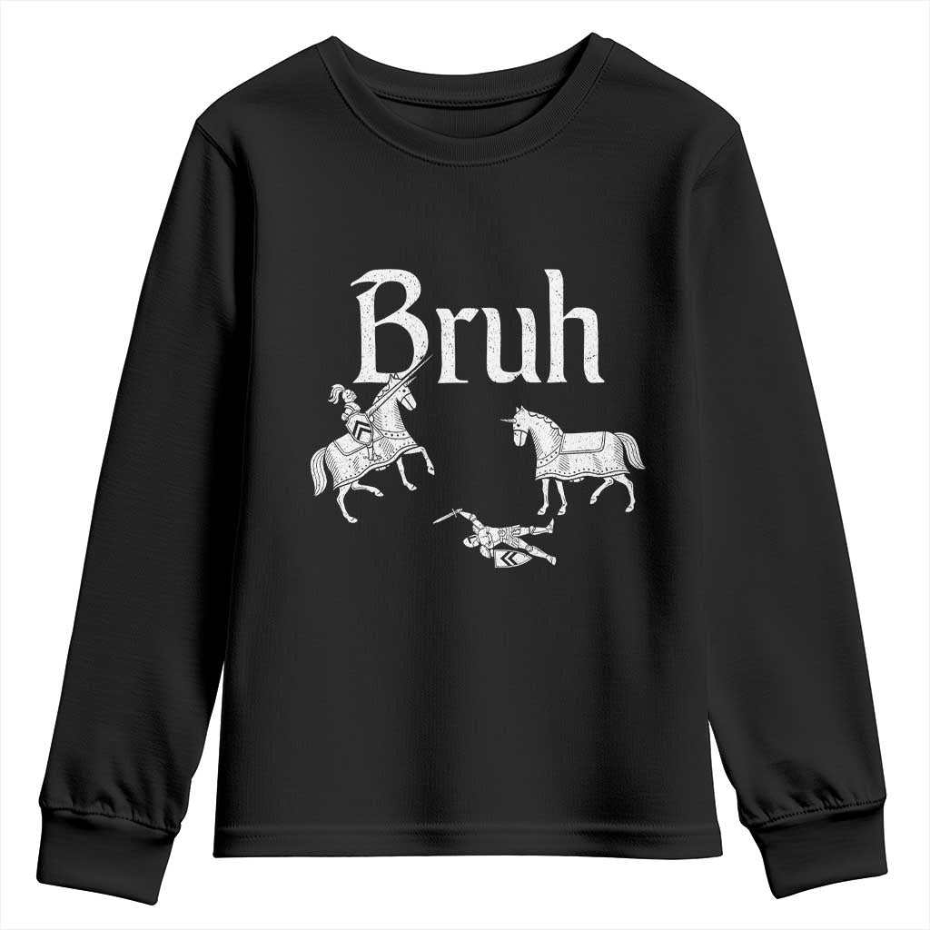 Funny Bruh Medieval Jousting Fallen Knight Graphic Youth Sweatshirt Sarcastic Renaissance Faire Meme TS02 Black Print Your Wear