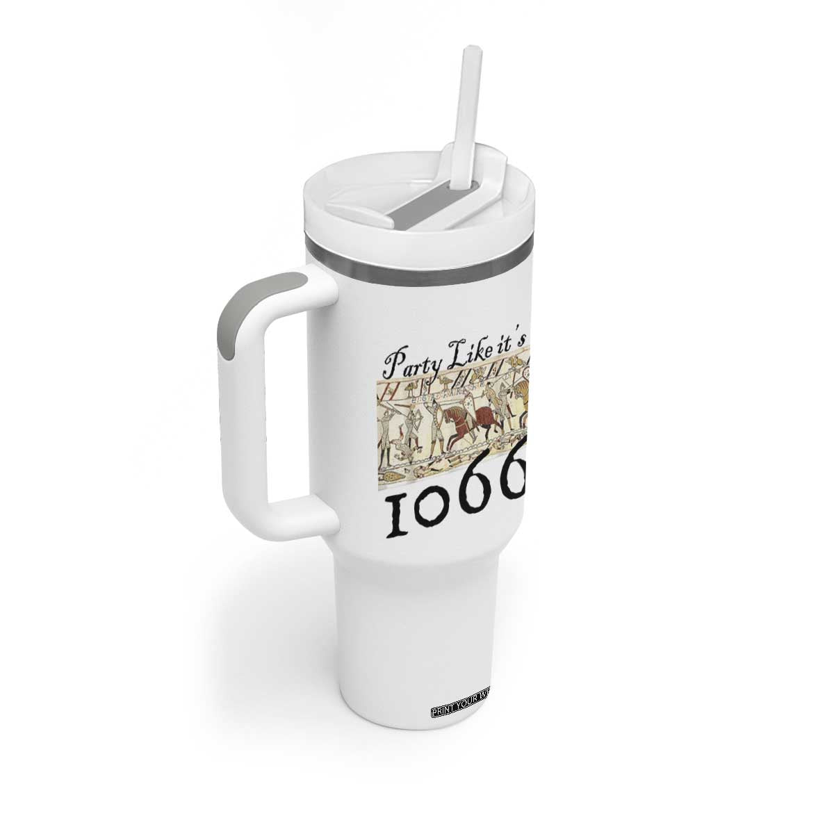 Funny Medieval Humor Battle of Hastings Tumbler With Handle Party Like Its 1066 Historic Bayeux Tapestry Graphic