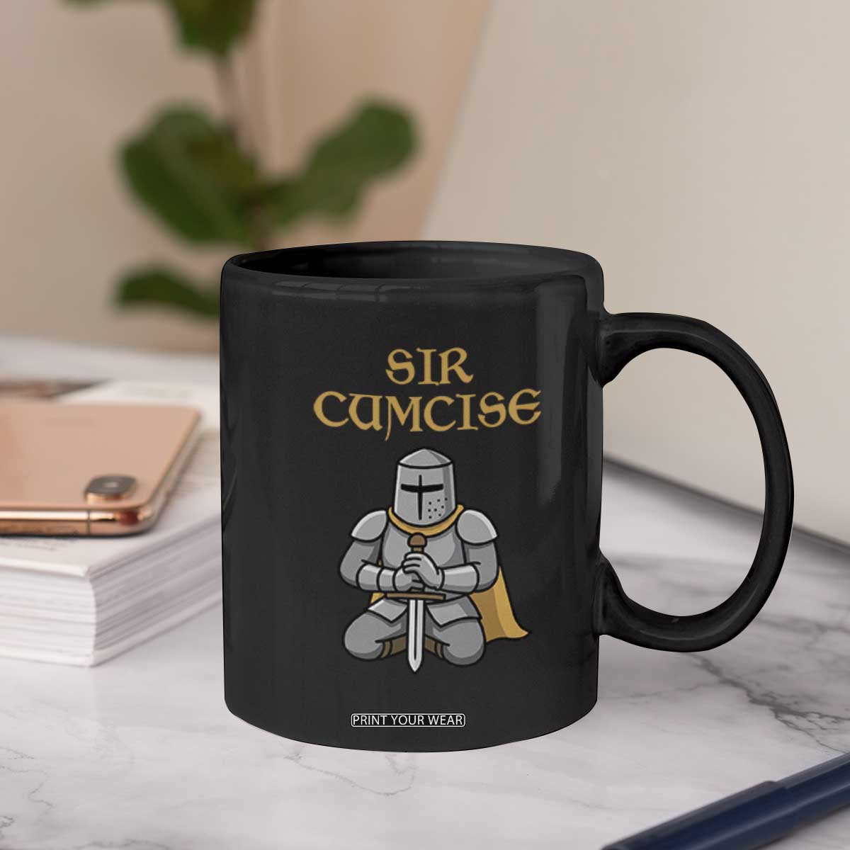 Funny Sir Cumcise Kneeling Knight Graphic Coffee Mug Sarcastic Wordplay Medieval Dark Adult Humor