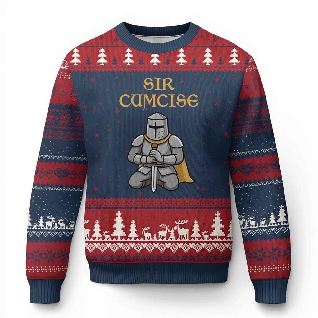 Funny Sir Cumcise Kneeling Knight Graphic Ugly Christmas Sweater Sarcastic Wordplay Medieval Dark Adult Humor TS02 Navy Red Print Your Wear