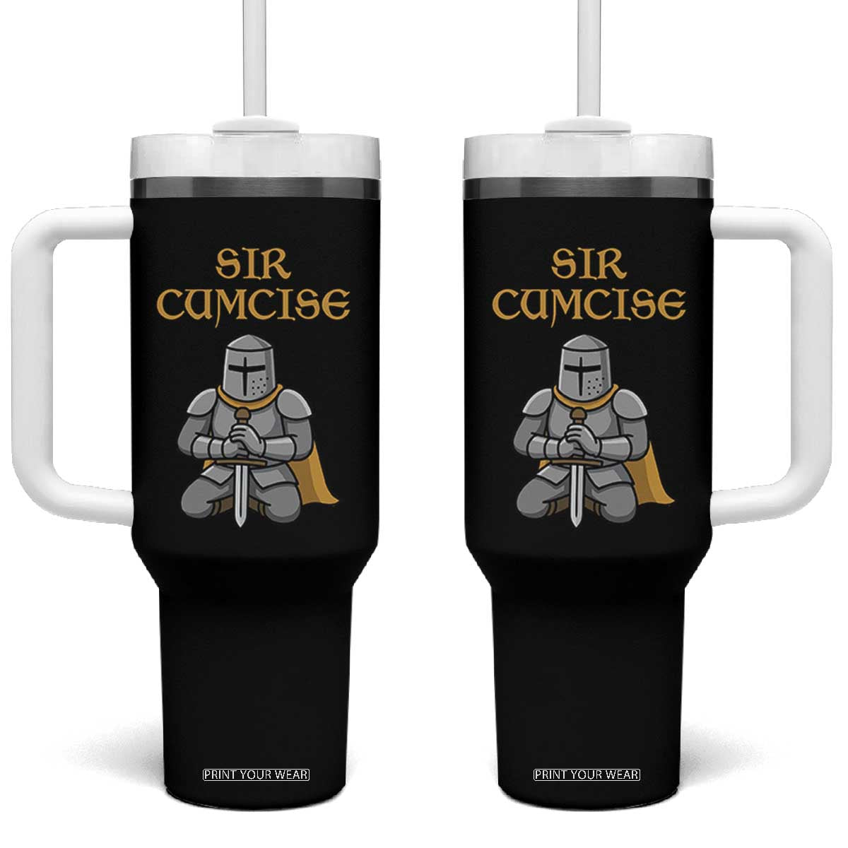 Funny Sir Cumcise Kneeling Knight Graphic Tumbler With Handle Sarcastic Wordplay Medieval Dark Adult Humor TS02 One Size: 40 oz Black Print Your Wear