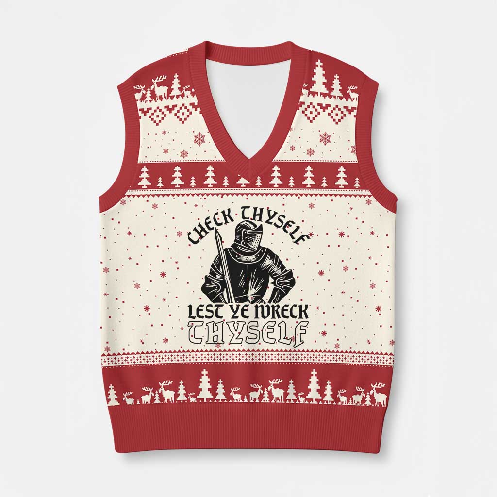 Funny Medieval Hip Hop Old English Parody V-Neck Knit Sweater Vest Check Thyself Lest Ye Wreck Thyself TS02 Beige Red Print Your Wear