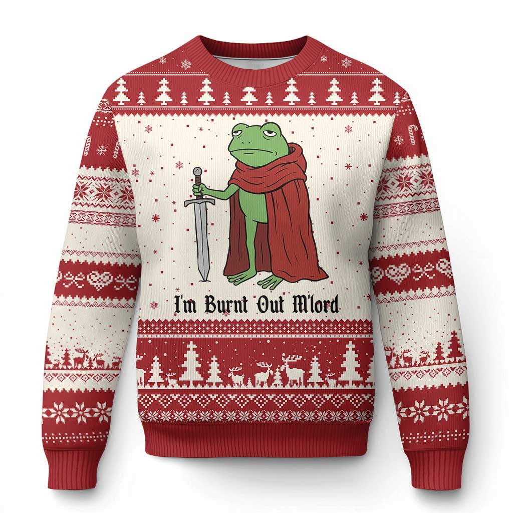 Funny Medieval Frog Knight Fantasy Sword Meme Ugly Christmas Sweater Im Burnt Out Mlord Fantasy Meme TS02 Beige Red Print Your Wear