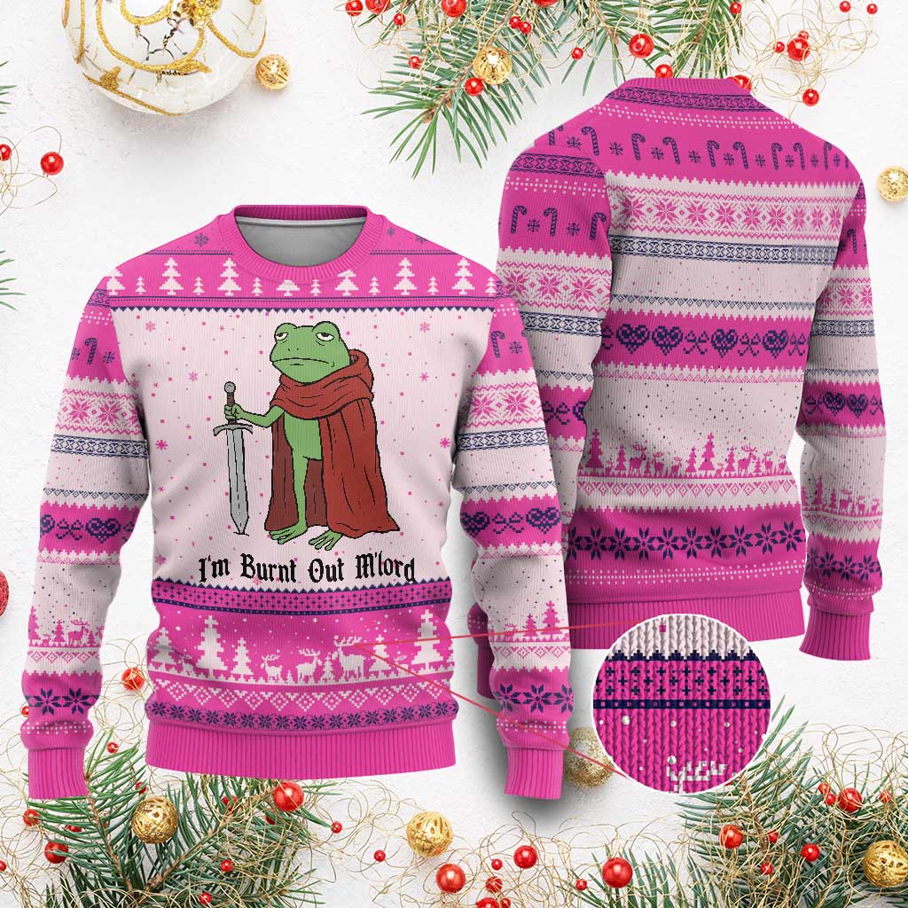 Funny Medieval Frog Knight Fantasy Sword Meme Ugly Christmas Sweater Im Burnt Out Mlord Fantasy Meme