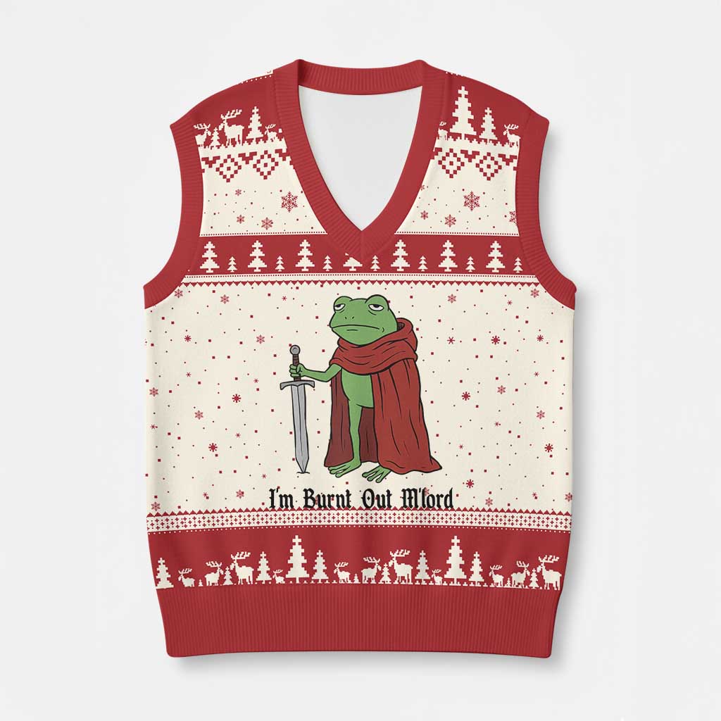 Funny Medieval Frog Knight Fantasy Sword Meme V-Neck Knit Sweater Vest Im Burnt Out Mlord Fantasy Meme TS02 Beige Red Print Your Wear