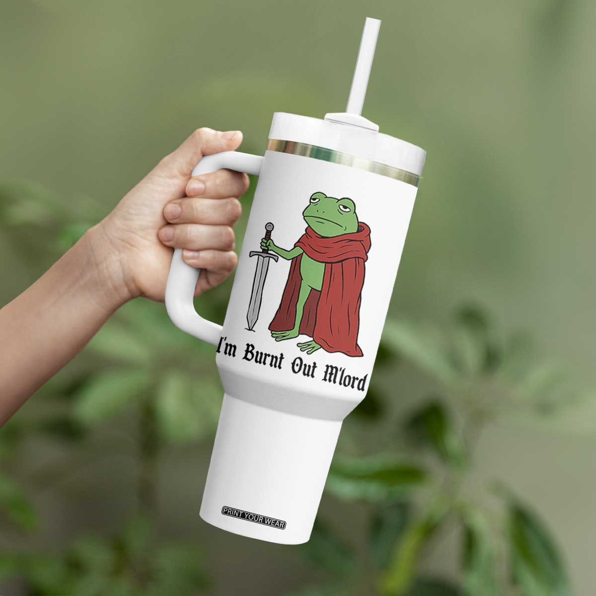 Funny Medieval Frog Knight Fantasy Sword Meme Tumbler With Handle Im Burnt Out Mlord Fantasy Meme