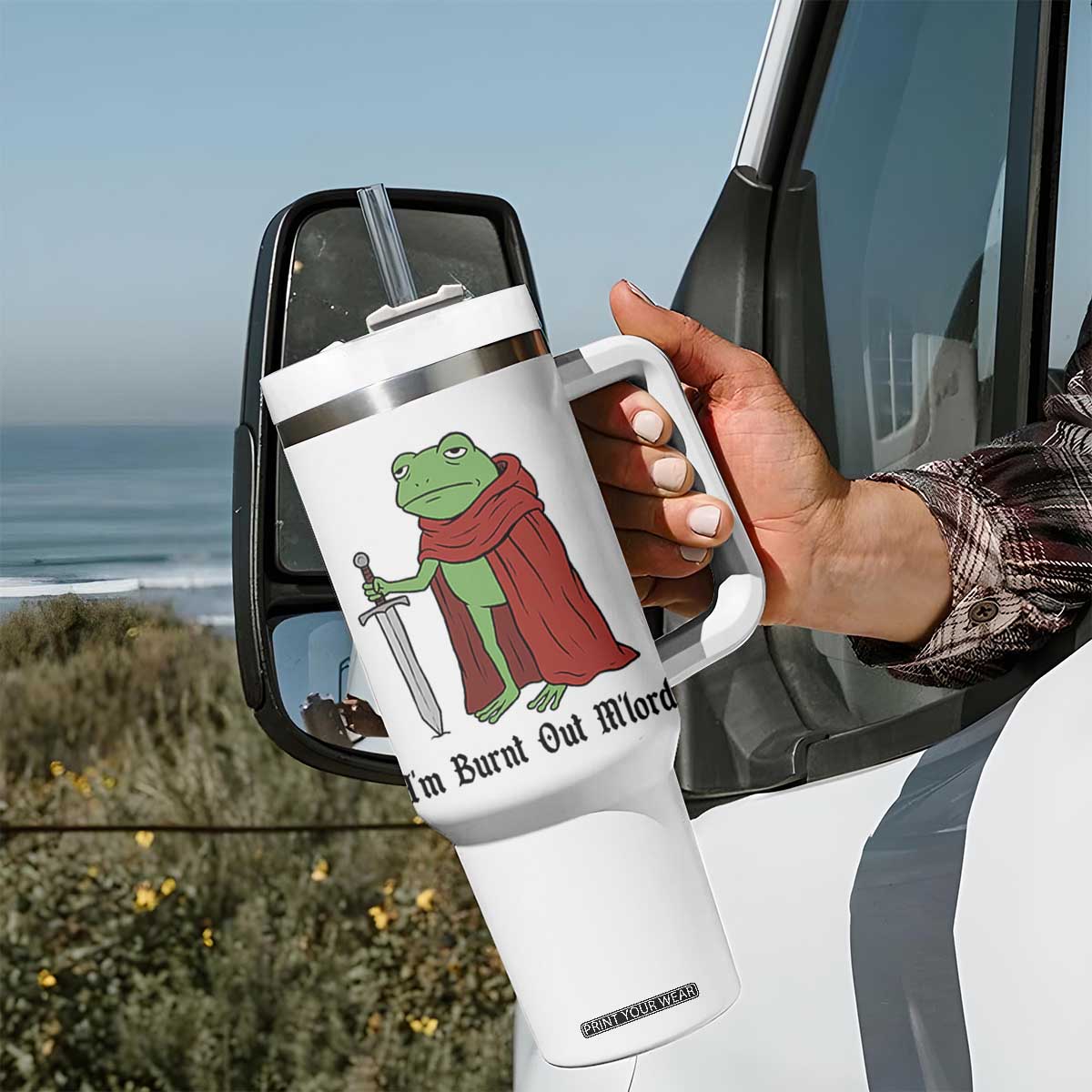 Funny Medieval Frog Knight Fantasy Sword Meme Tumbler With Handle Im Burnt Out Mlord Fantasy Meme