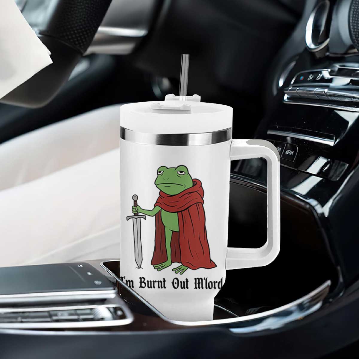 Funny Medieval Frog Knight Fantasy Sword Meme Tumbler With Handle Im Burnt Out Mlord Fantasy Meme