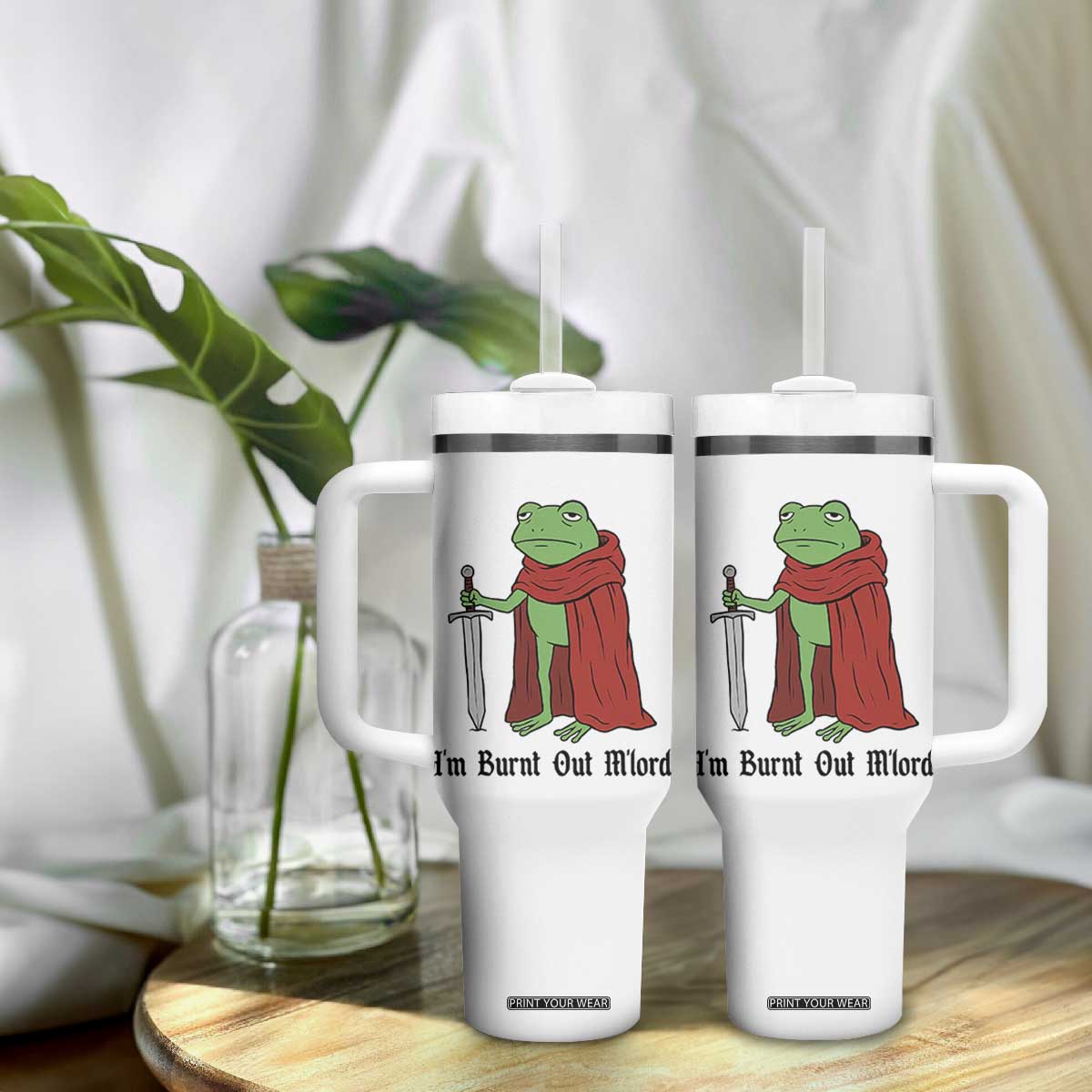 Funny Medieval Frog Knight Fantasy Sword Meme Tumbler With Handle Im Burnt Out Mlord Fantasy Meme
