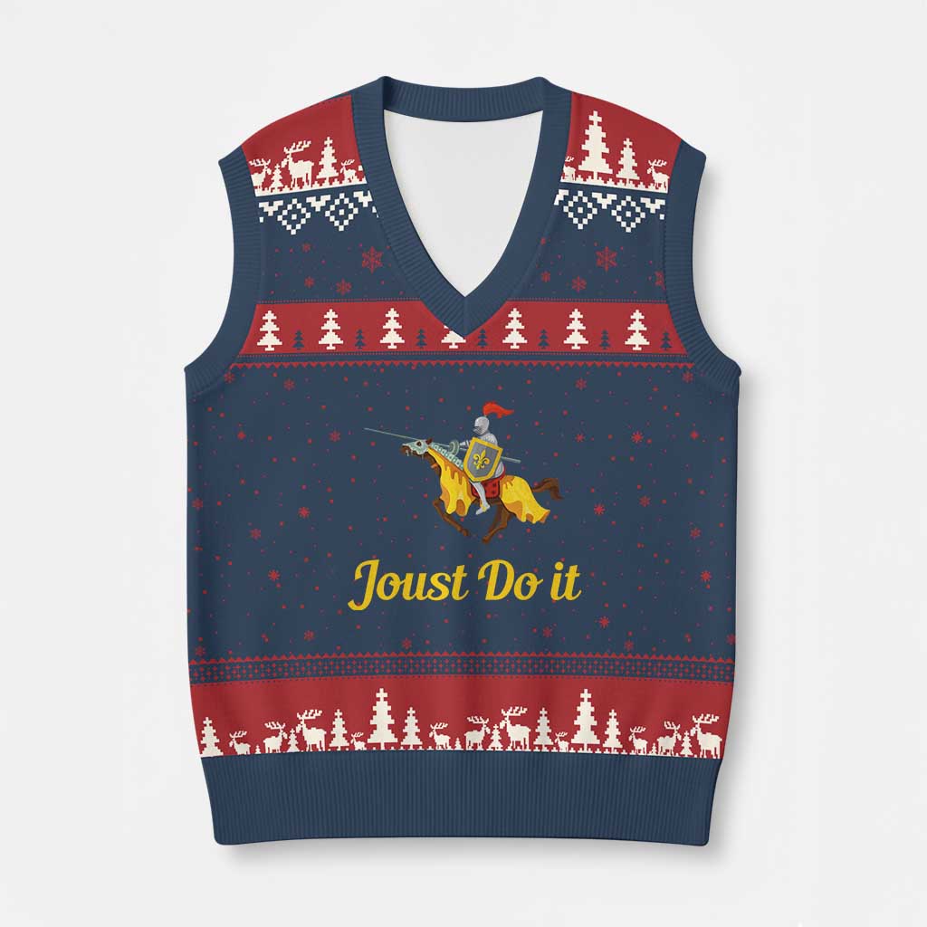 Funny Joust Do It Medieval Knight Horse Graphic V-Neck Knit Sweater Vest Jousting Renaissance Faire Parody TS02 Navy Red Print Your Wear