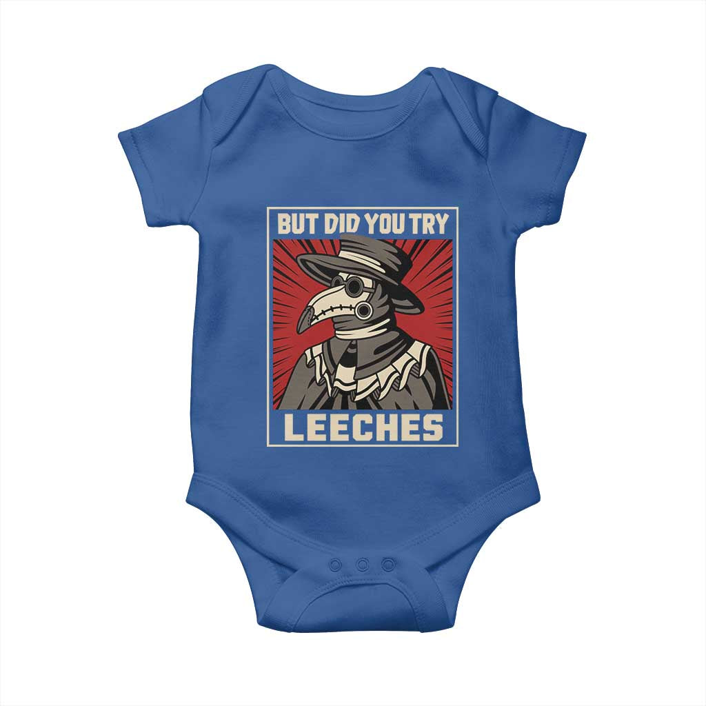 Funny Plague Doctor History Humor Baby Onesie But Did You Try Leeches Retro Woodcut Graphic