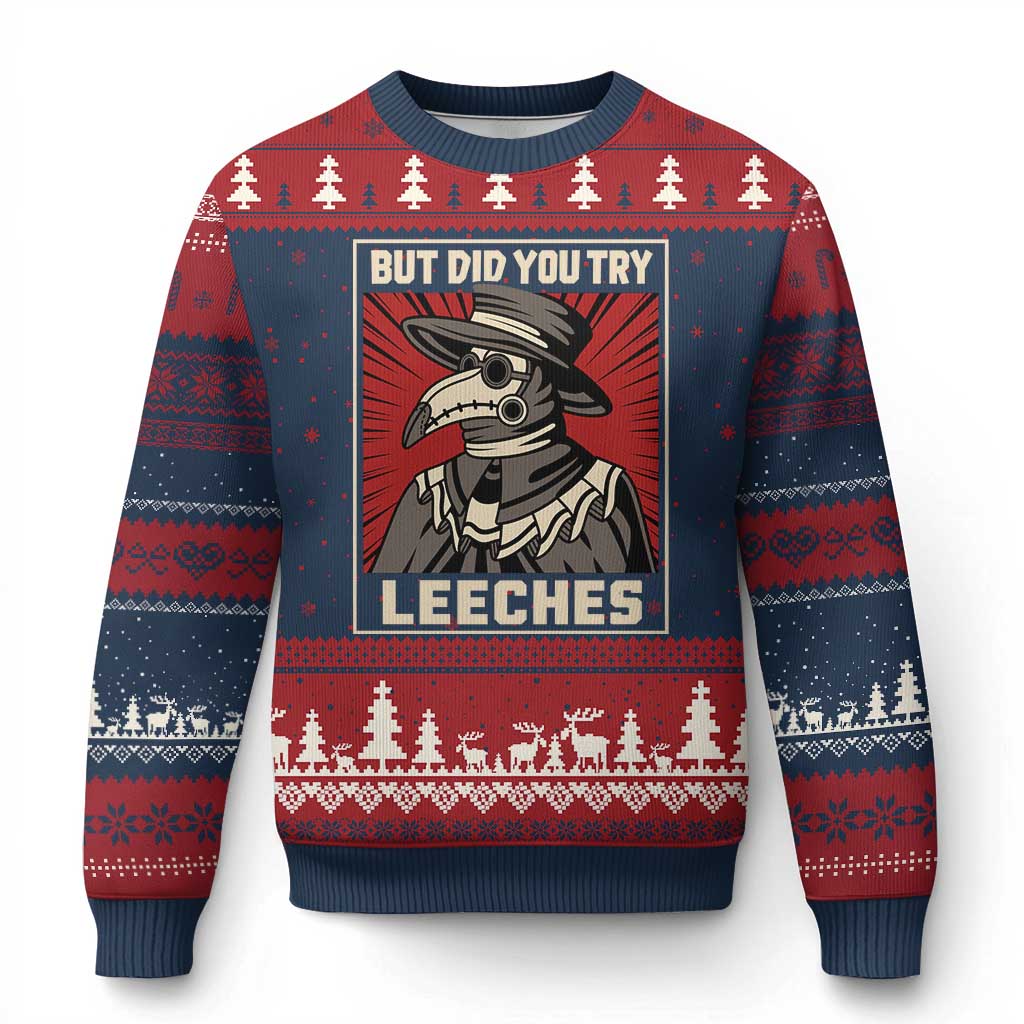 Funny Plague Doctor History Humor Ugly Christmas Sweater But Did You Try Leeches Retro Woodcut Graphic TS02 Navy Red Print Your Wear
