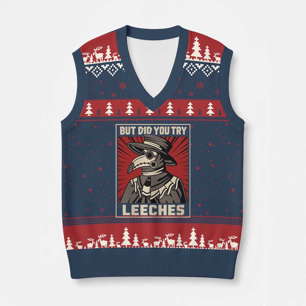 Funny Plague Doctor History Humor V-Neck Knit Sweater Vest But Did You Try Leeches Retro Woodcut Graphic TS02 Navy Red Print Your Wear