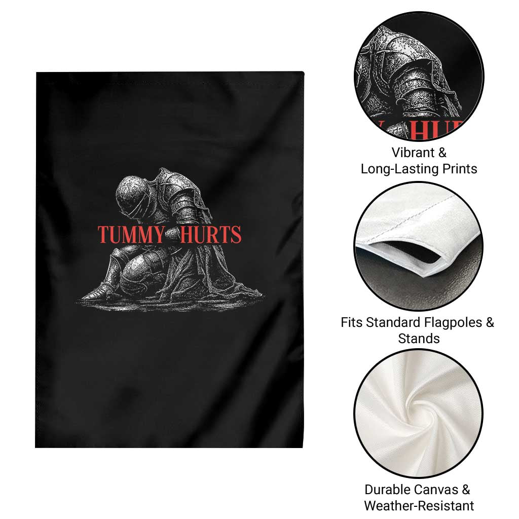 Funny Tummy Hurts Knight Graphic Garden Flag Warrior Medieval Sarcastic Dark Fantasy Slumped Renaissance Meme