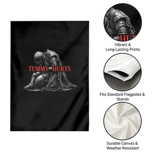 Funny Tummy Hurts Knight Graphic Garden Flag Warrior Medieval Sarcastic Dark Fantasy Slumped Renaissance Meme