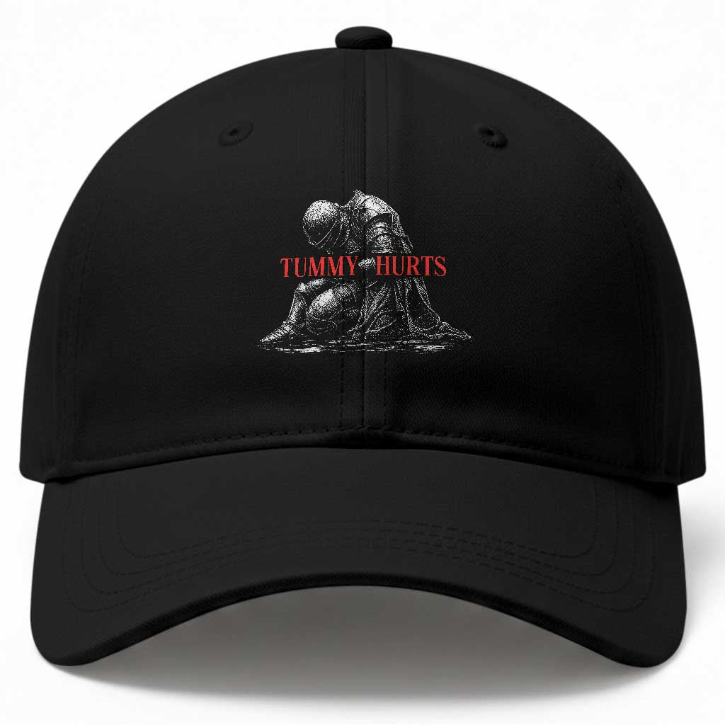 Funny Tummy Hurts Knight Graphic Baseball Cap Warrior Medieval Sarcastic Dark Fantasy Slumped Renaissance Meme