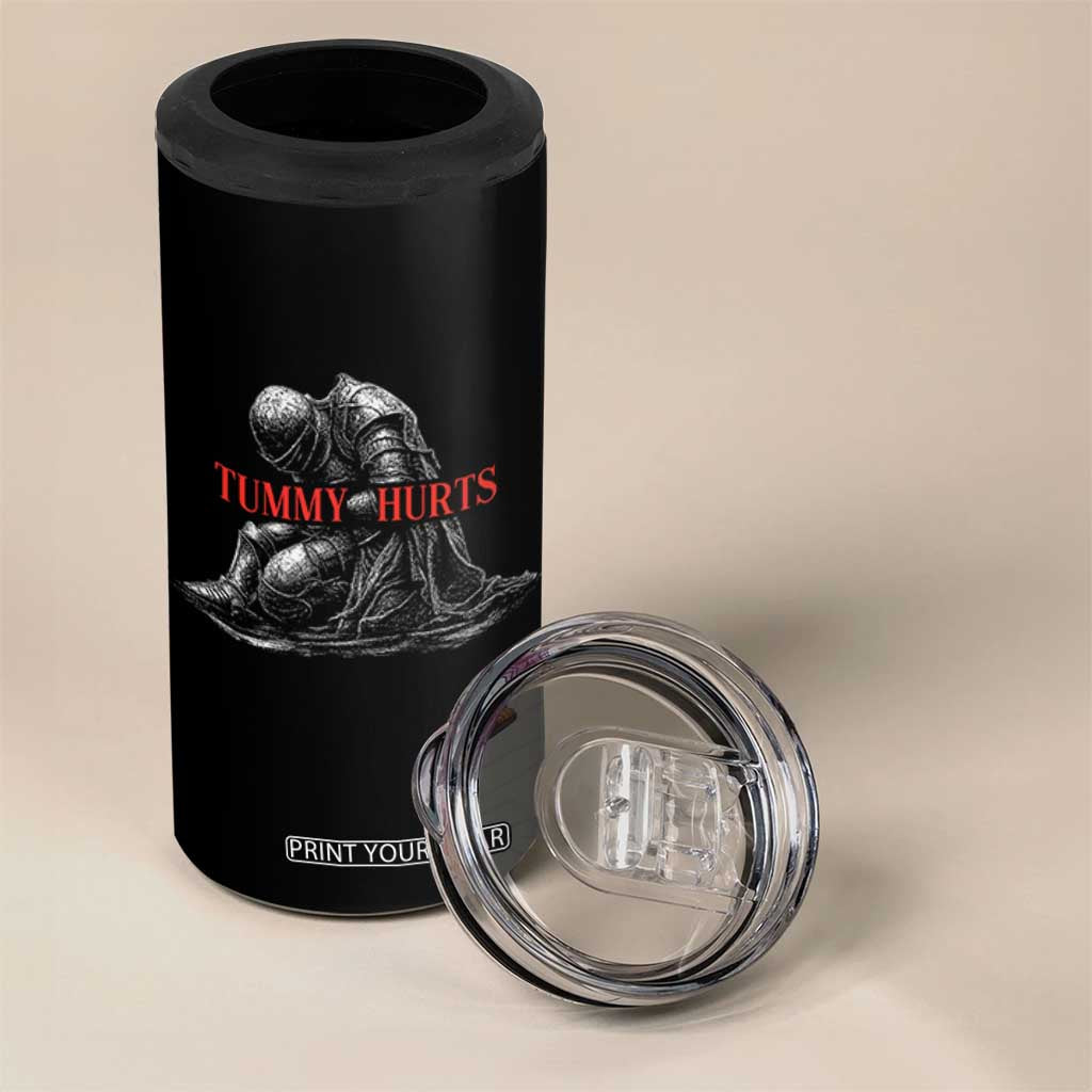 Funny Tummy Hurts Knight Graphic 4 in 1 Can Cooler Tumbler Warrior Medieval Sarcastic Dark Fantasy Slumped Renaissance Meme