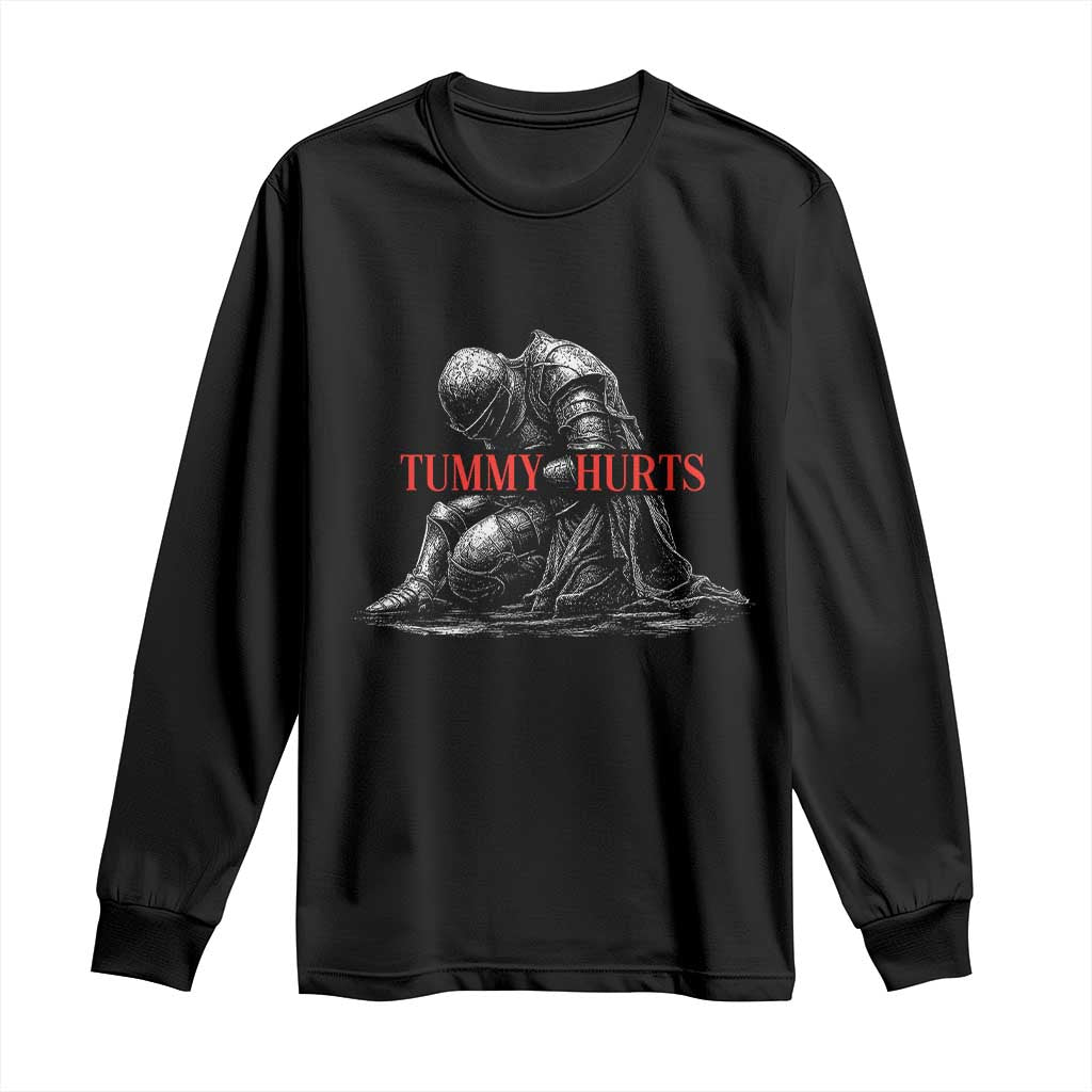 Funny Tummy Hurts Knight Graphic Long Sleeve Shirt Warrior Medieval Sarcastic Dark Fantasy Slumped Renaissance Meme