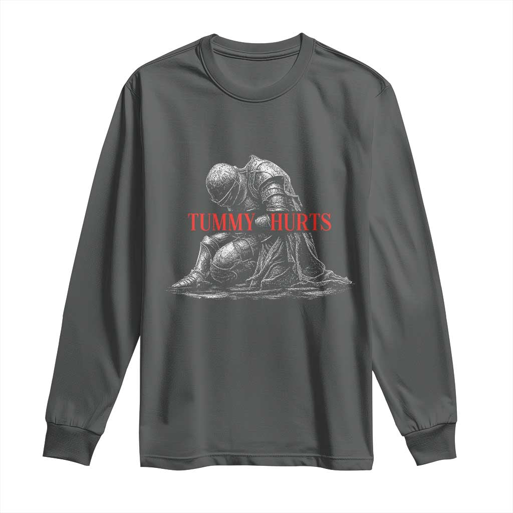 Funny Tummy Hurts Knight Graphic Long Sleeve Shirt Warrior Medieval Sarcastic Dark Fantasy Slumped Renaissance Meme