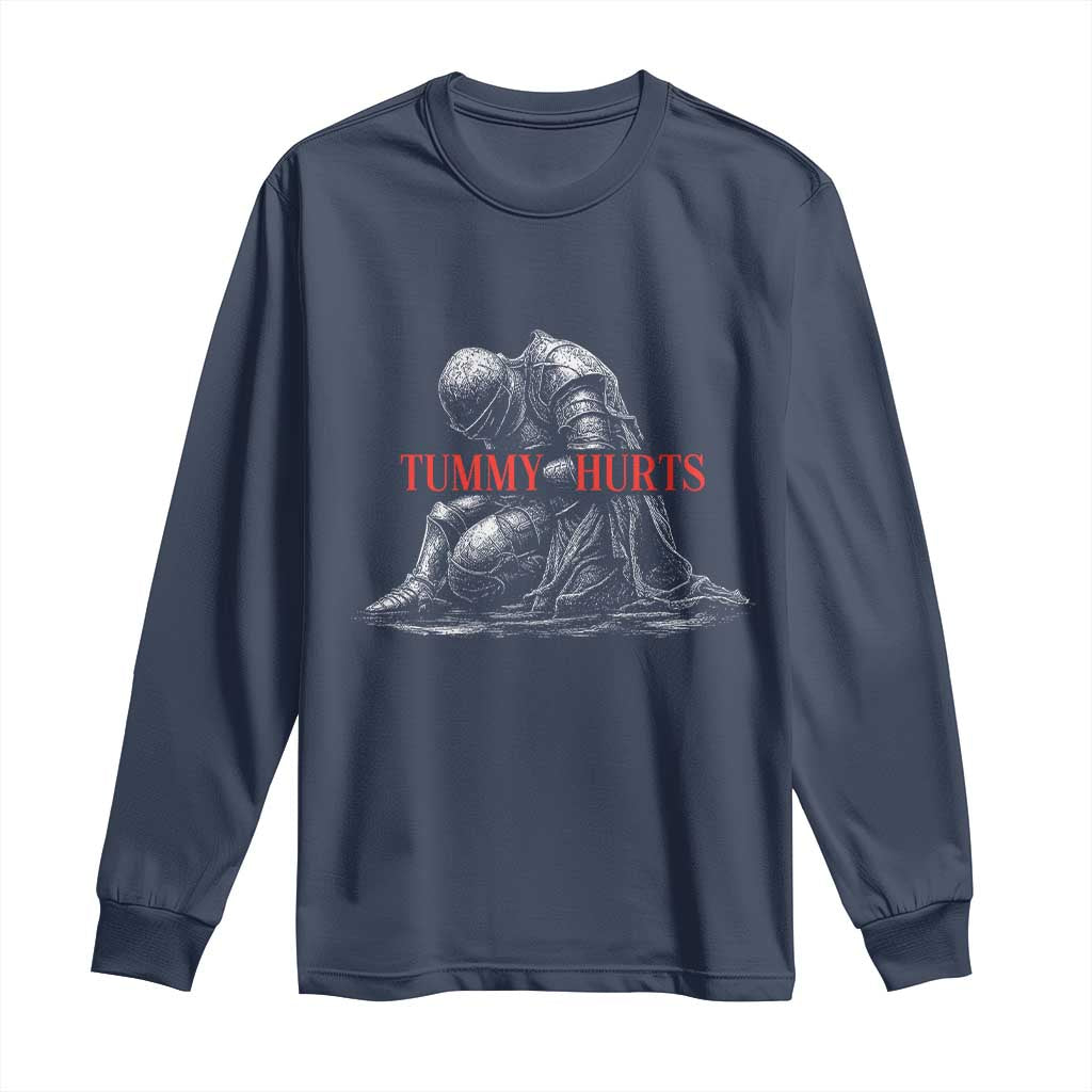 Funny Tummy Hurts Knight Graphic Long Sleeve Shirt Warrior Medieval Sarcastic Dark Fantasy Slumped Renaissance Meme