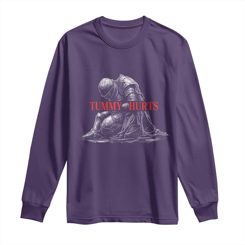 Funny Tummy Hurts Knight Graphic Long Sleeve Shirt Warrior Medieval Sarcastic Dark Fantasy Slumped Renaissance Meme