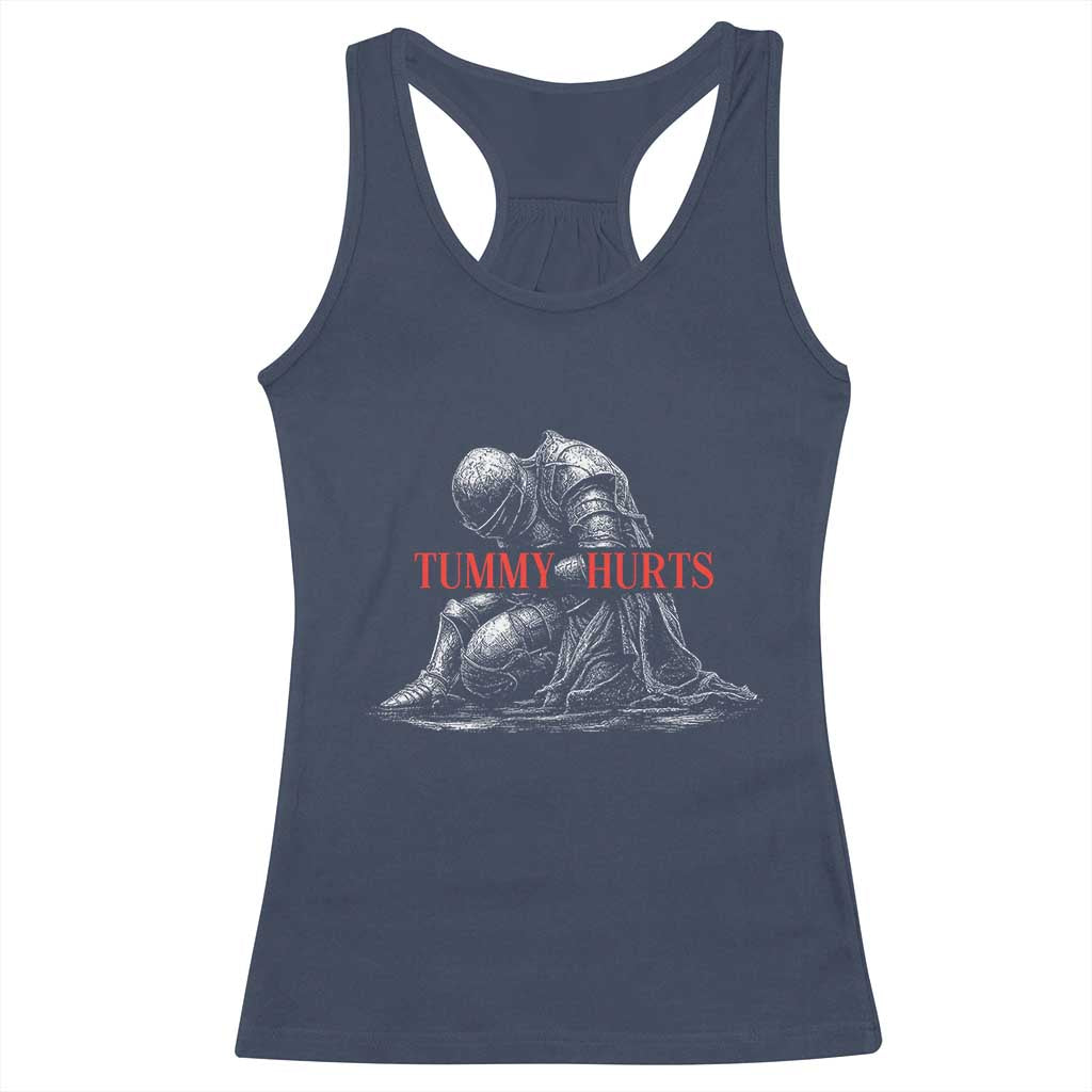 Funny Tummy Hurts Knight Graphic Racerback Tank Top Warrior Medieval Sarcastic Dark Fantasy Slumped Renaissance Meme