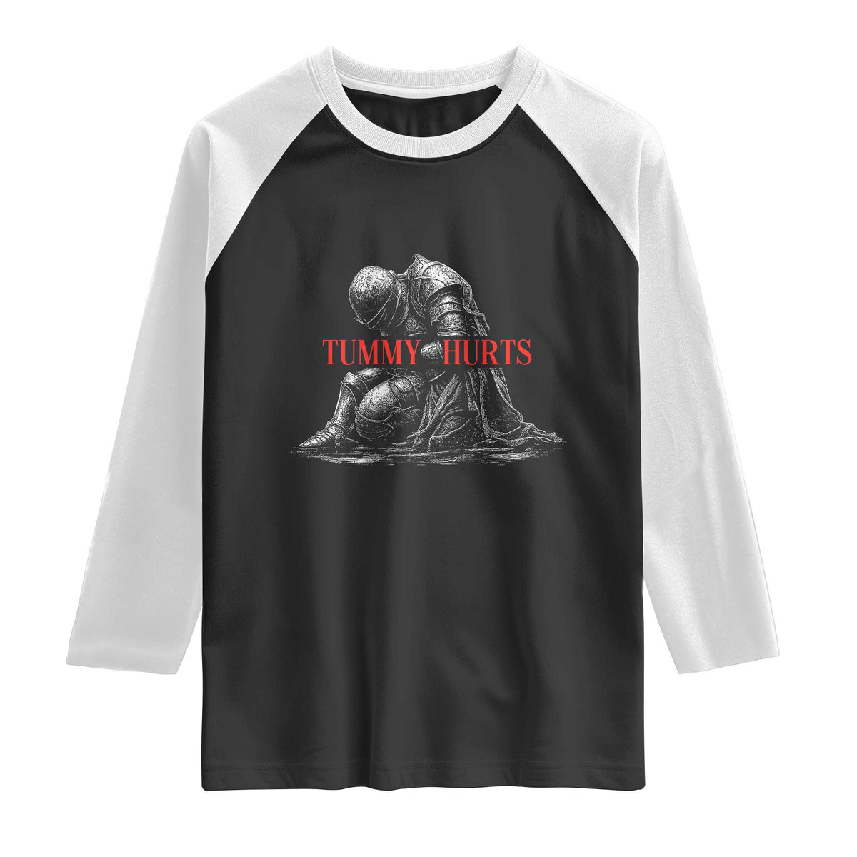 Funny Tummy Hurts Knight Graphic Raglan Shirt Warrior Medieval Sarcastic Dark Fantasy Slumped Renaissance Meme