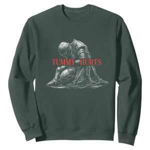 Funny Tummy Hurts Knight Graphic Sweatshirt Warrior Medieval Sarcastic Dark Fantasy Slumped Renaissance Meme