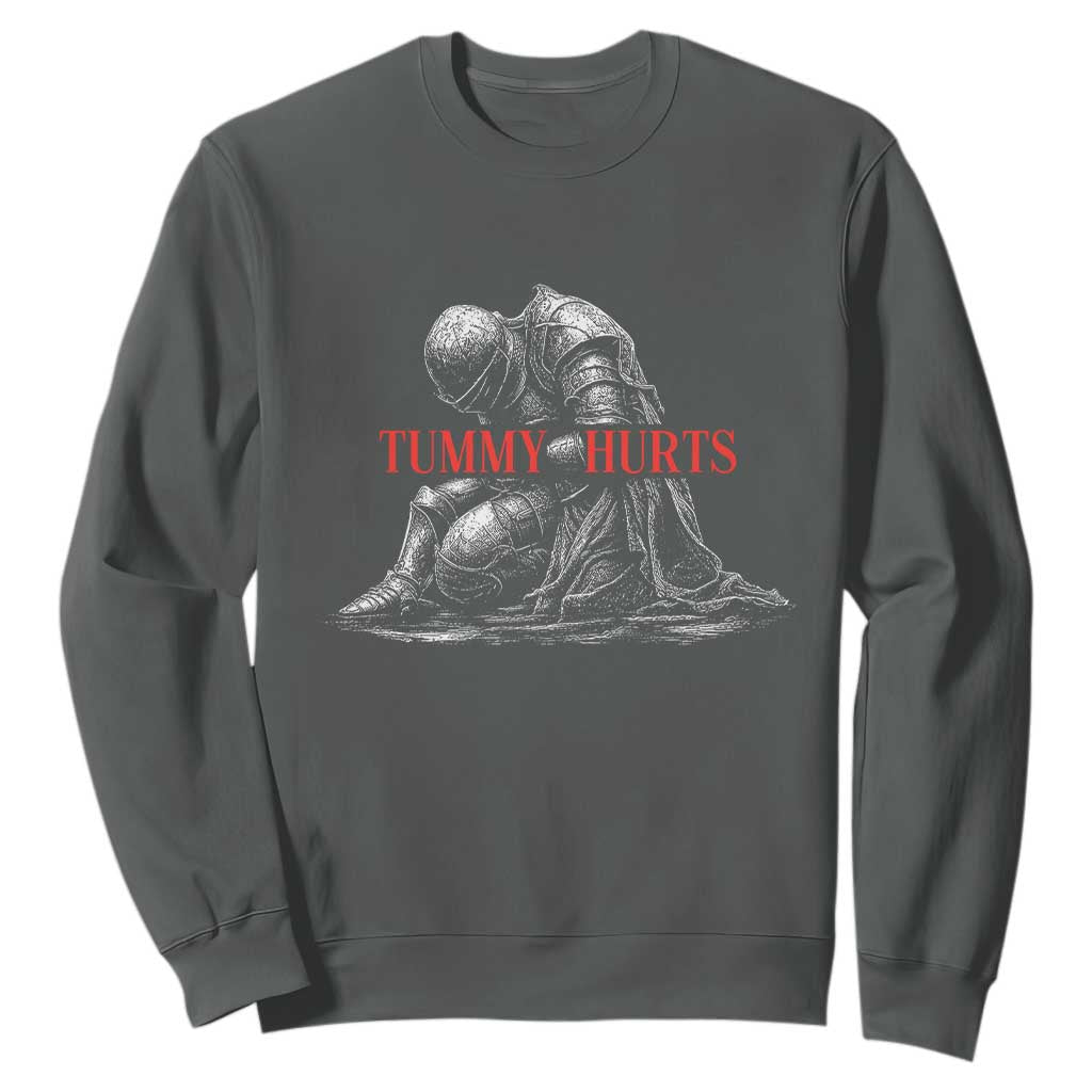 Funny Tummy Hurts Knight Graphic Sweatshirt Warrior Medieval Sarcastic Dark Fantasy Slumped Renaissance Meme
