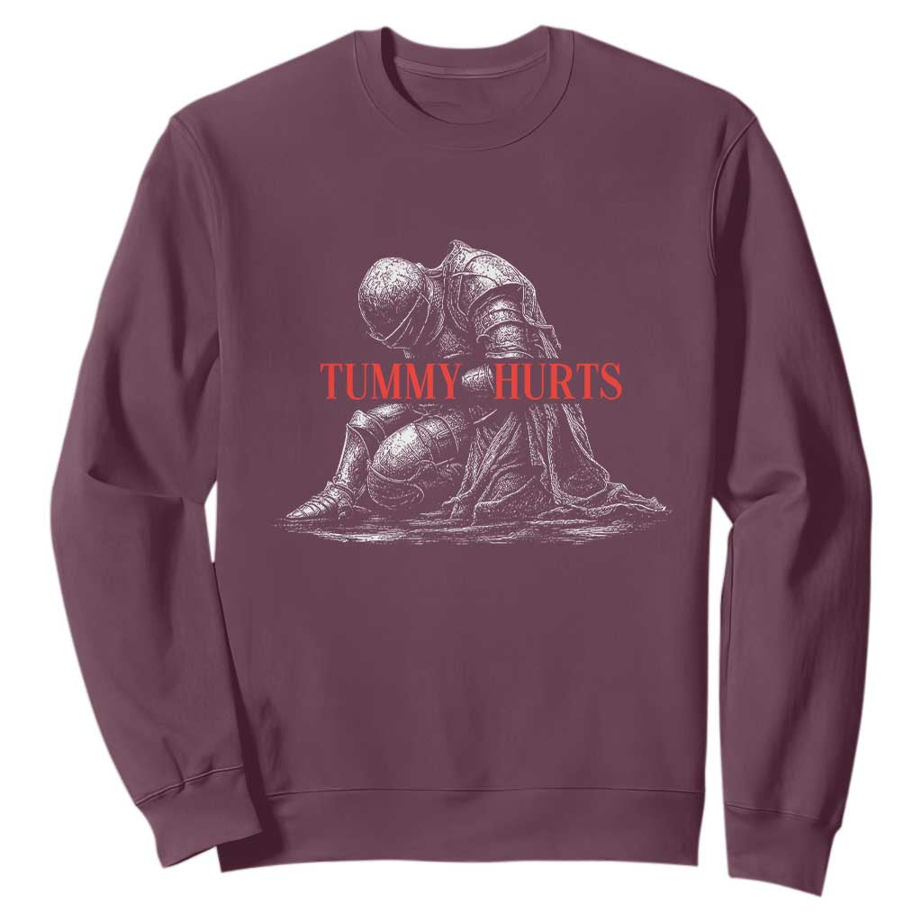 Funny Tummy Hurts Knight Graphic Sweatshirt Warrior Medieval Sarcastic Dark Fantasy Slumped Renaissance Meme