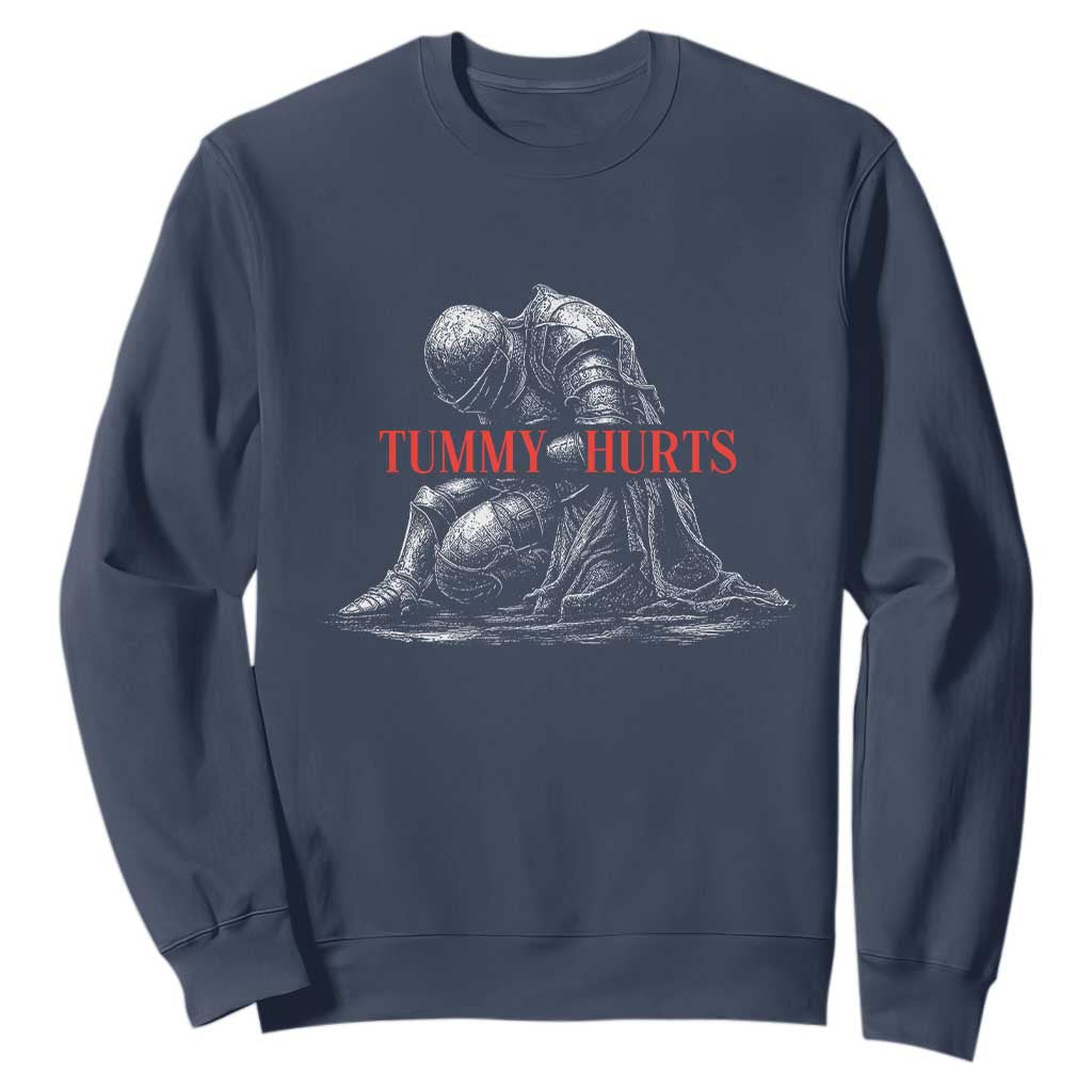 Funny Tummy Hurts Knight Graphic Sweatshirt Warrior Medieval Sarcastic Dark Fantasy Slumped Renaissance Meme