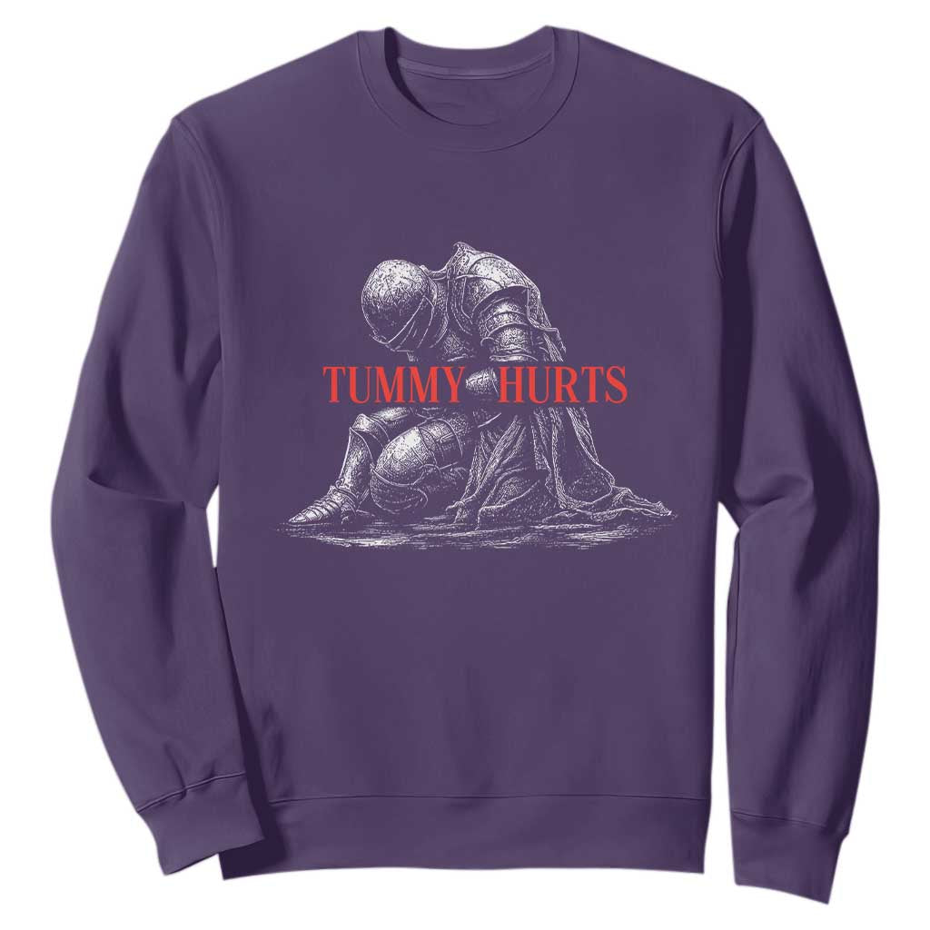 Funny Tummy Hurts Knight Graphic Sweatshirt Warrior Medieval Sarcastic Dark Fantasy Slumped Renaissance Meme