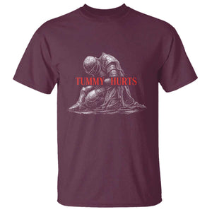 Funny Tummy Hurts Knight Graphic T Shirt Warrior Medieval Sarcastic Dark Fantasy Slumped Renaissance Meme