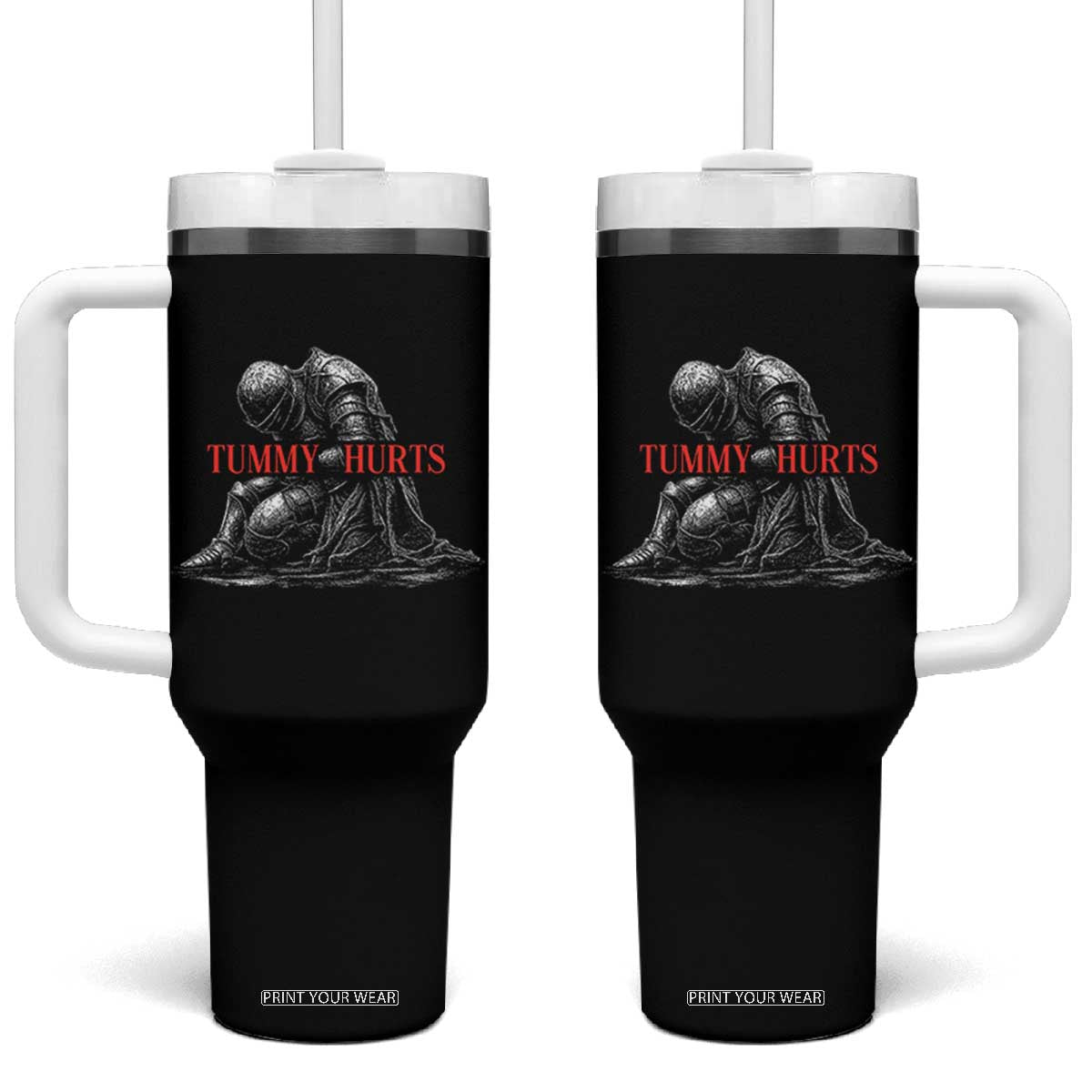 Funny Tummy Hurts Knight Graphic Tumbler With Handle Warrior Medieval Sarcastic Dark Fantasy Slumped Renaissance Meme