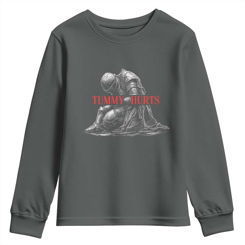 Funny Tummy Hurts Knight Graphic Youth Sweatshirt Warrior Medieval Sarcastic Dark Fantasy Slumped Renaissance Meme