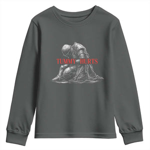 Funny Tummy Hurts Knight Graphic Youth Sweatshirt Warrior Medieval Sarcastic Dark Fantasy Slumped Renaissance Meme